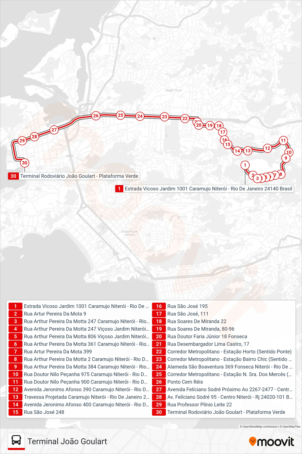 Rota e paradas da linha de ônibus  26-A  (Terminal João Goulart) no mapa