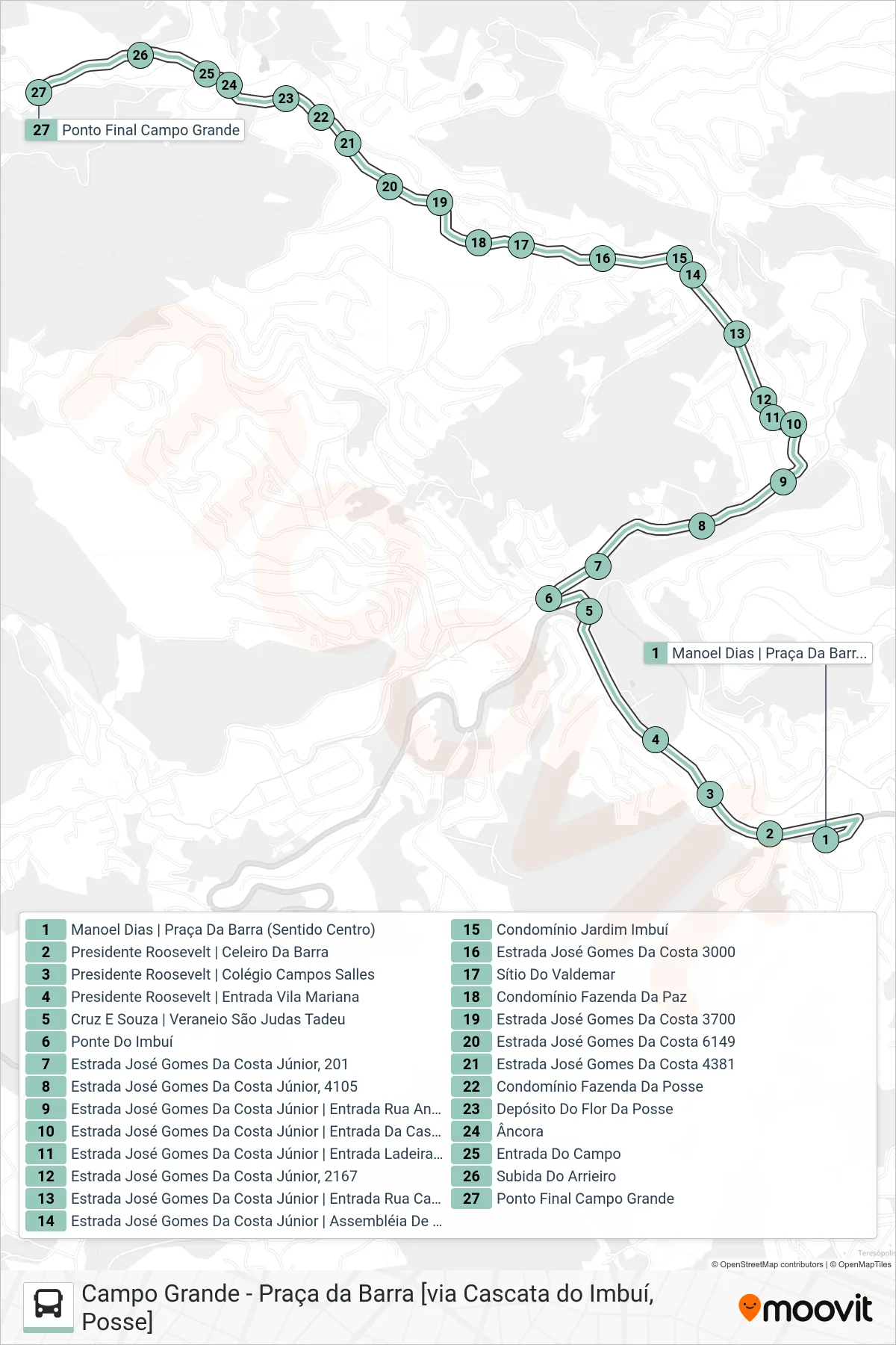 P11 bus Line (Praça da Barra [Via Casc. Imbuí, Posse]) route and stops on a map