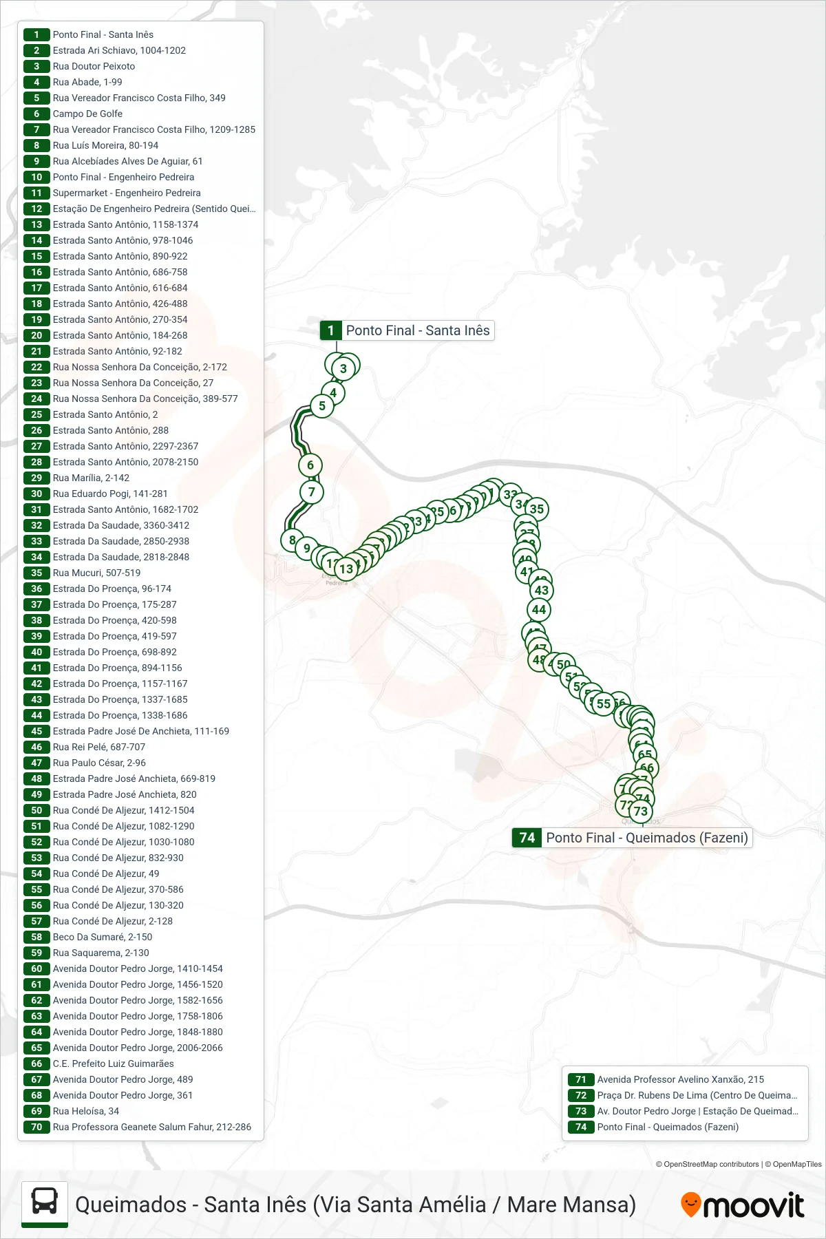 Rota e paradas da linha de ônibus 570I (Queimados) no mapa