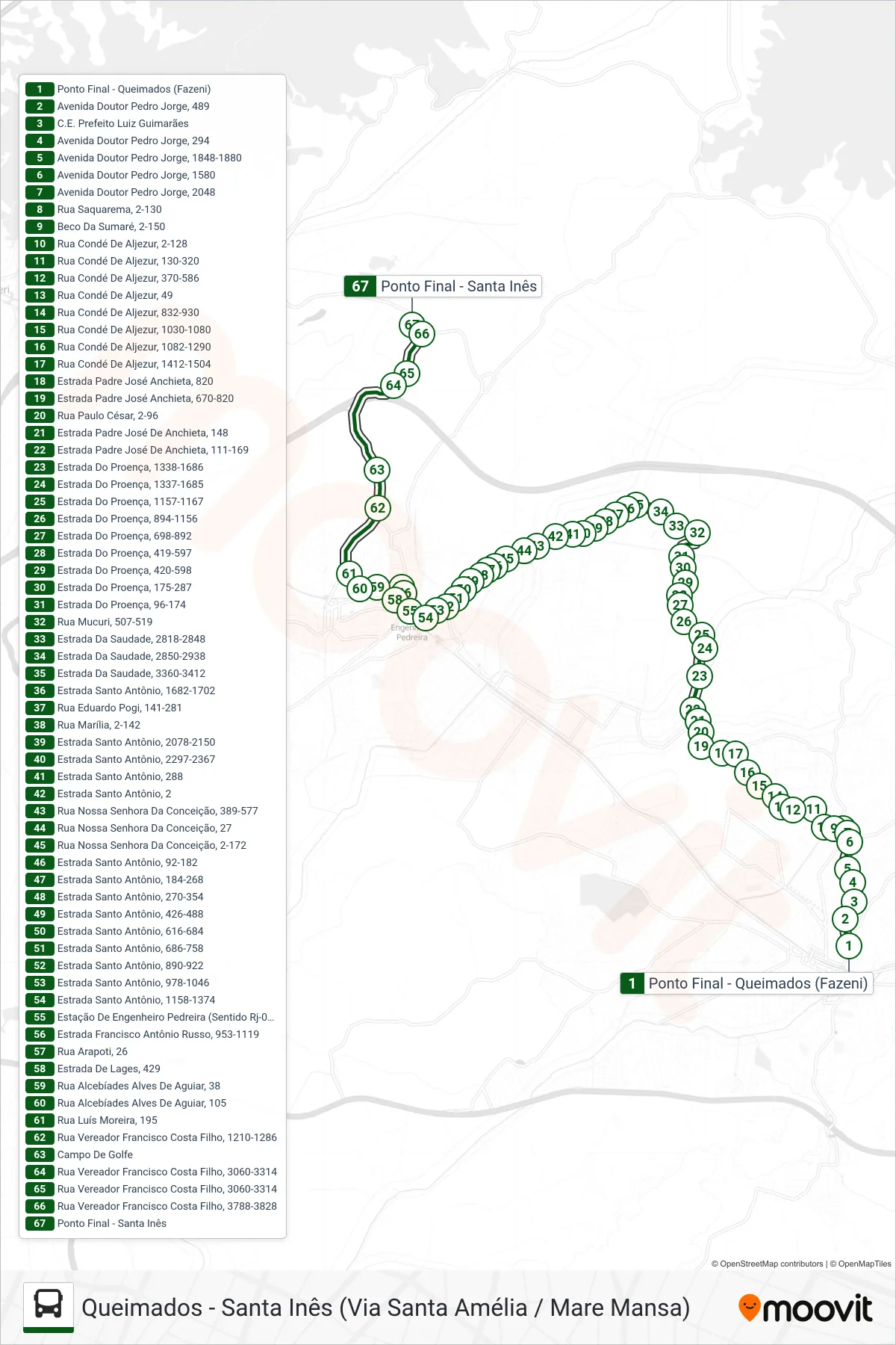 Rota e paradas da linha de ônibus 570I (Santa Inês) no mapa