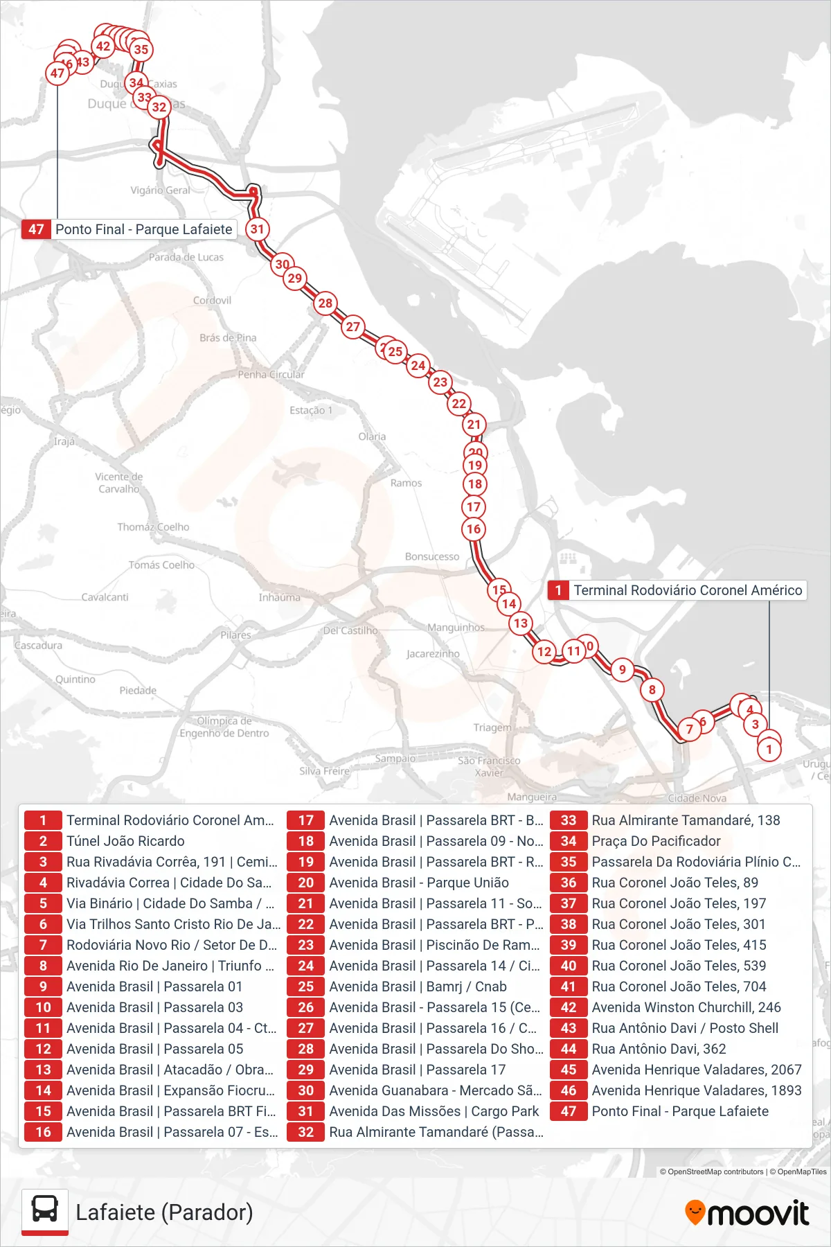 Rota e paradas da linha de ônibus 101C (Lafaiete (Parador)) no mapa