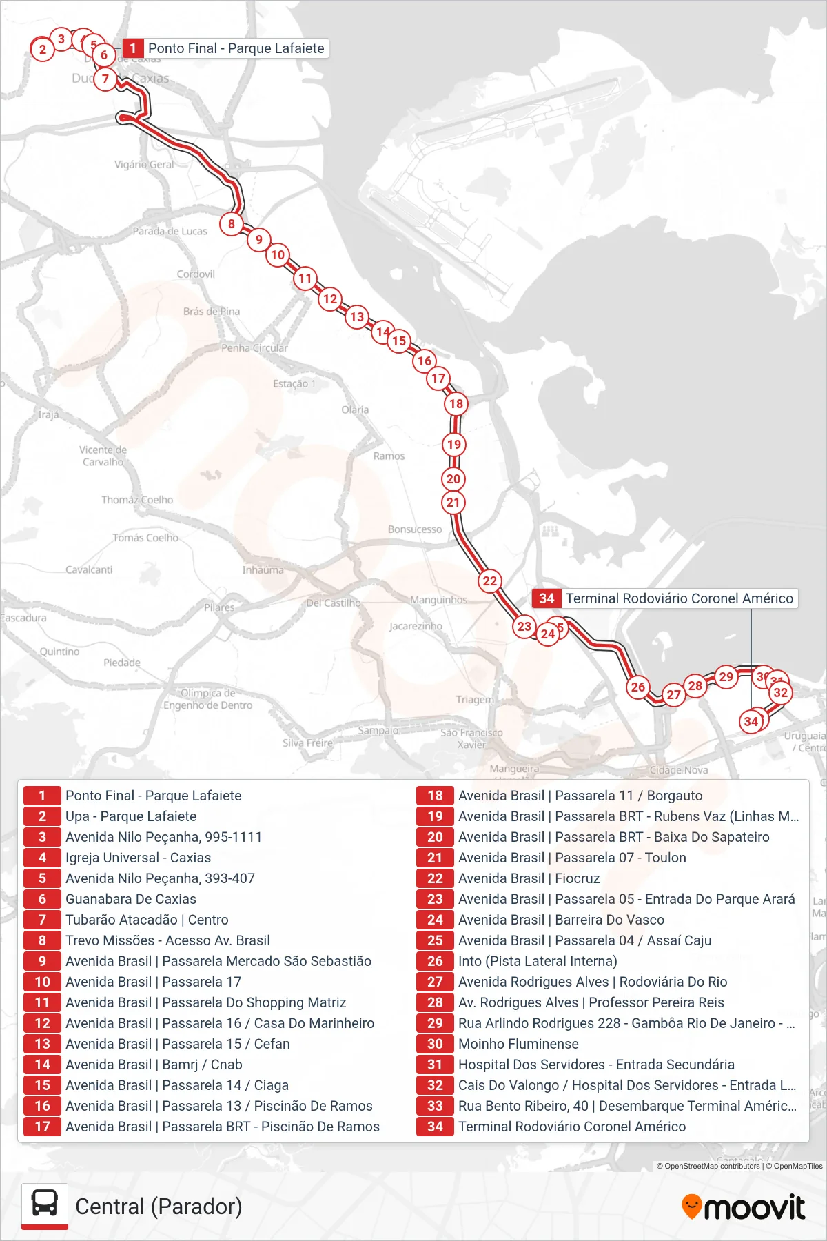 Rota e paradas da linha de ônibus 101C (Central (Parador)) no mapa
