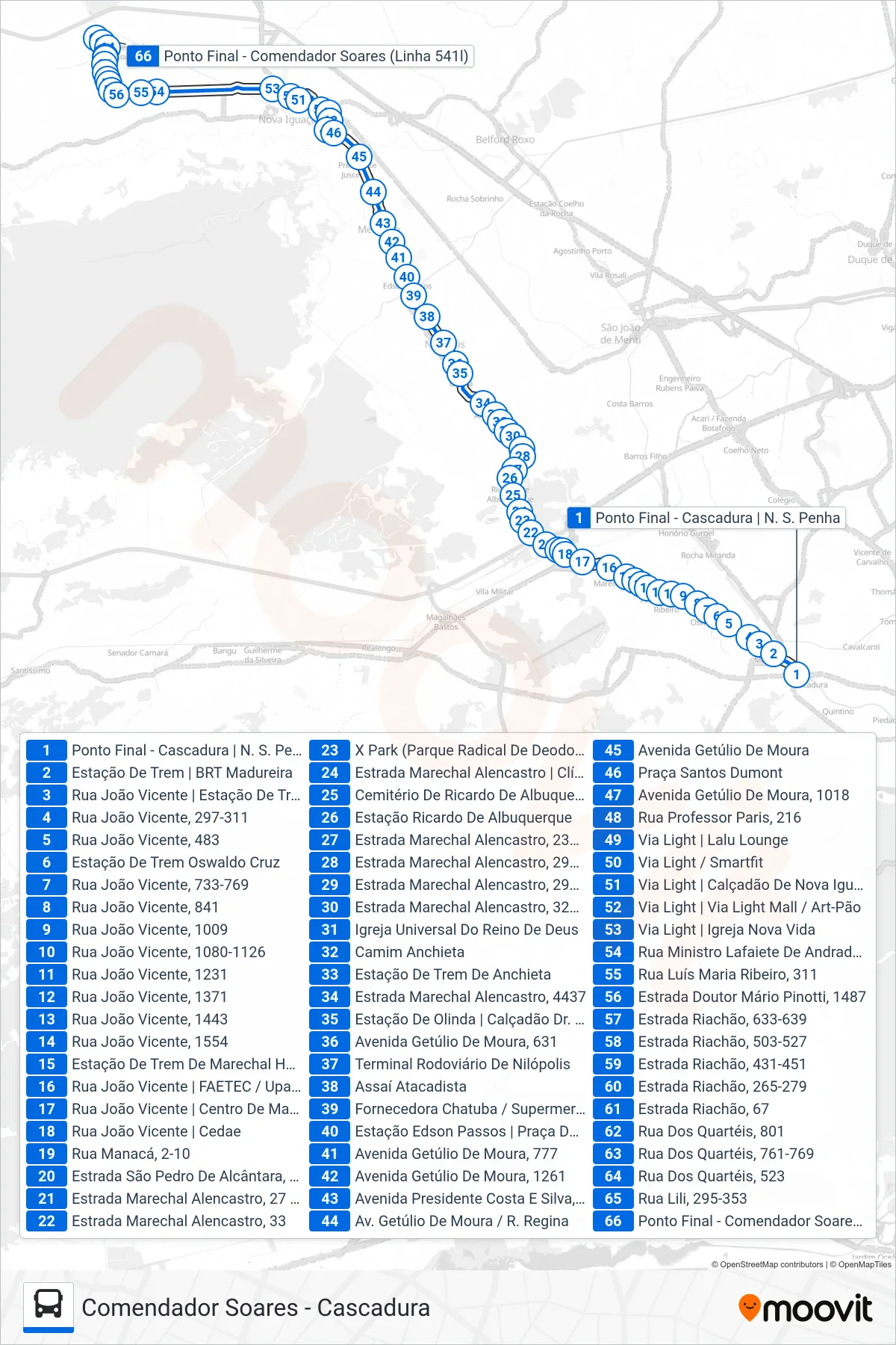 Rota e paradas da linha de ônibus 541L (Comendador Soares) no mapa