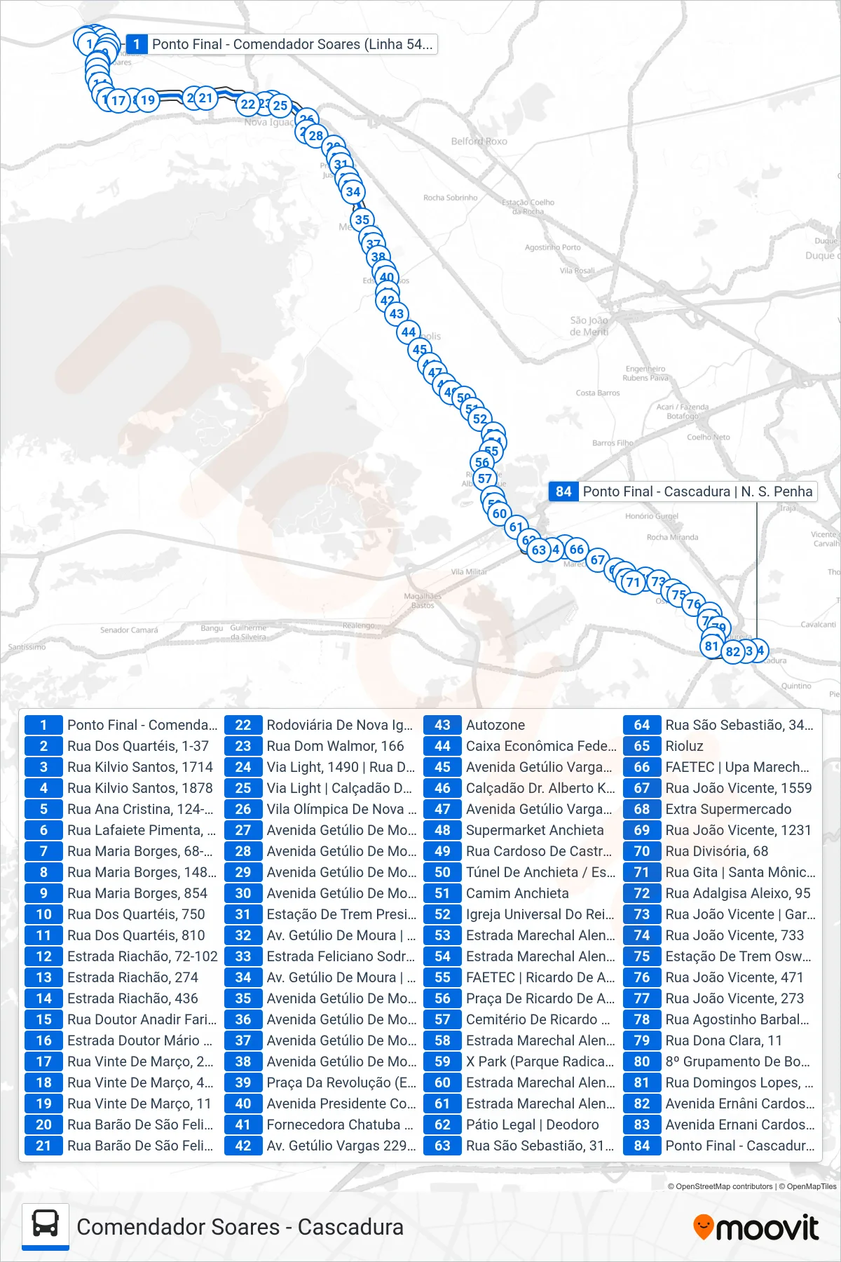 Rota e paradas da linha de ônibus 541L (Cascadura) no mapa