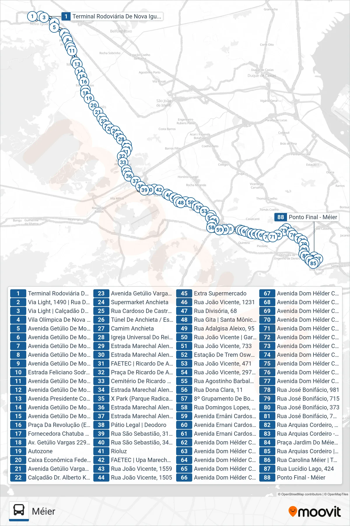 Rota e paradas da linha de ônibus 544L (Méier) no mapa