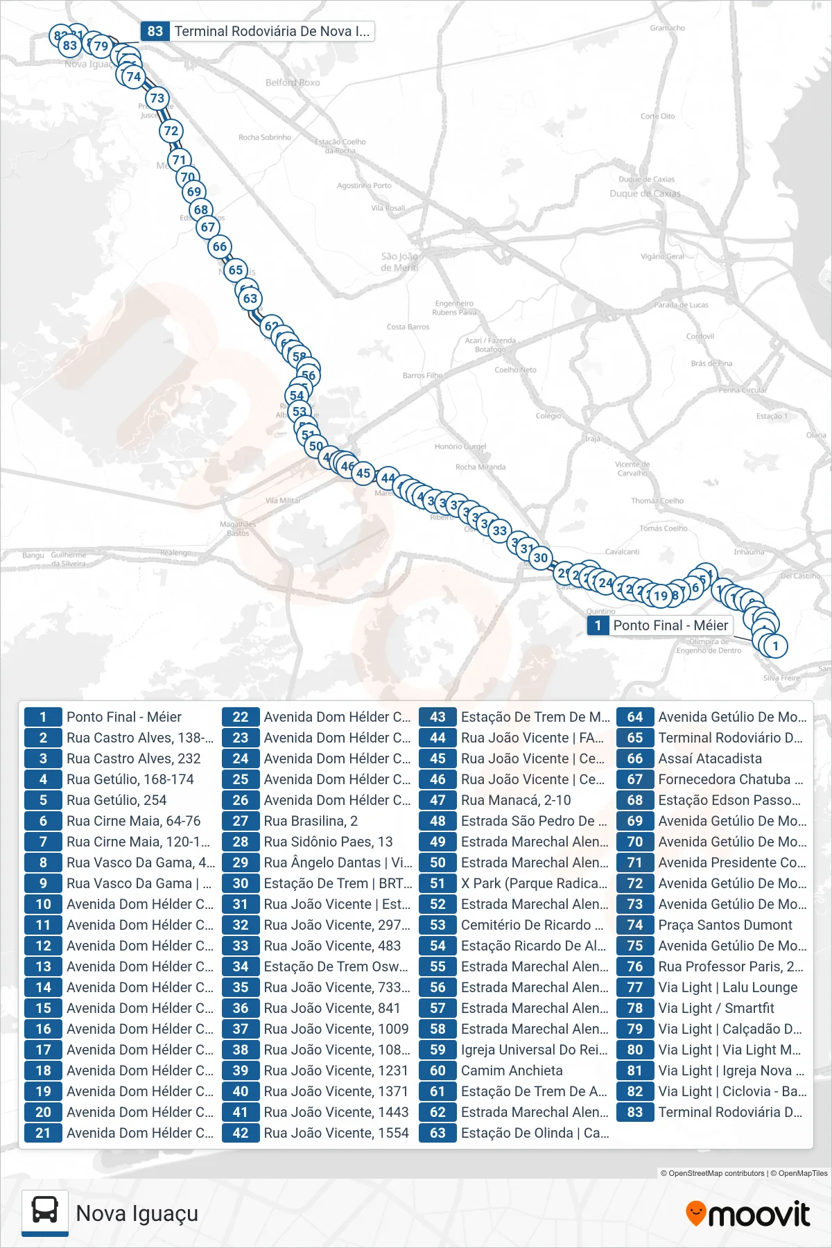 Rota e paradas da linha de ônibus 544L (Nova Iguaçu) no mapa