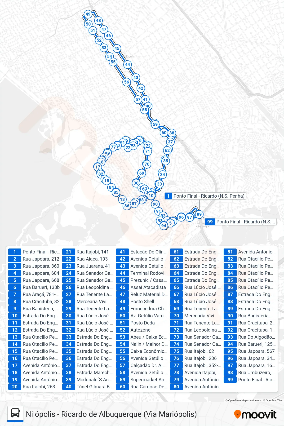 Rota e paradas da linha de ônibus 547L (Ricardo ↔ Nilópolis) no mapa