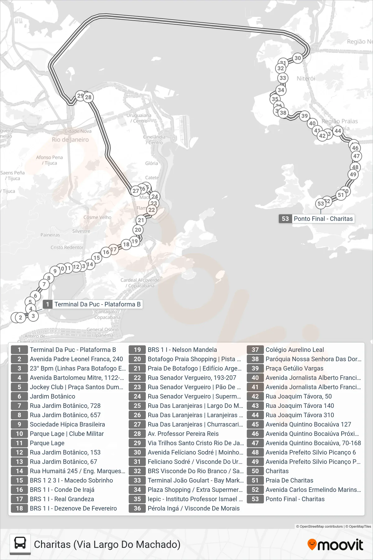 Rota e paradas da linha de ônibus 2755D (EXECUTIVO) (Charitas (Via Largo Do Machado)) no mapa