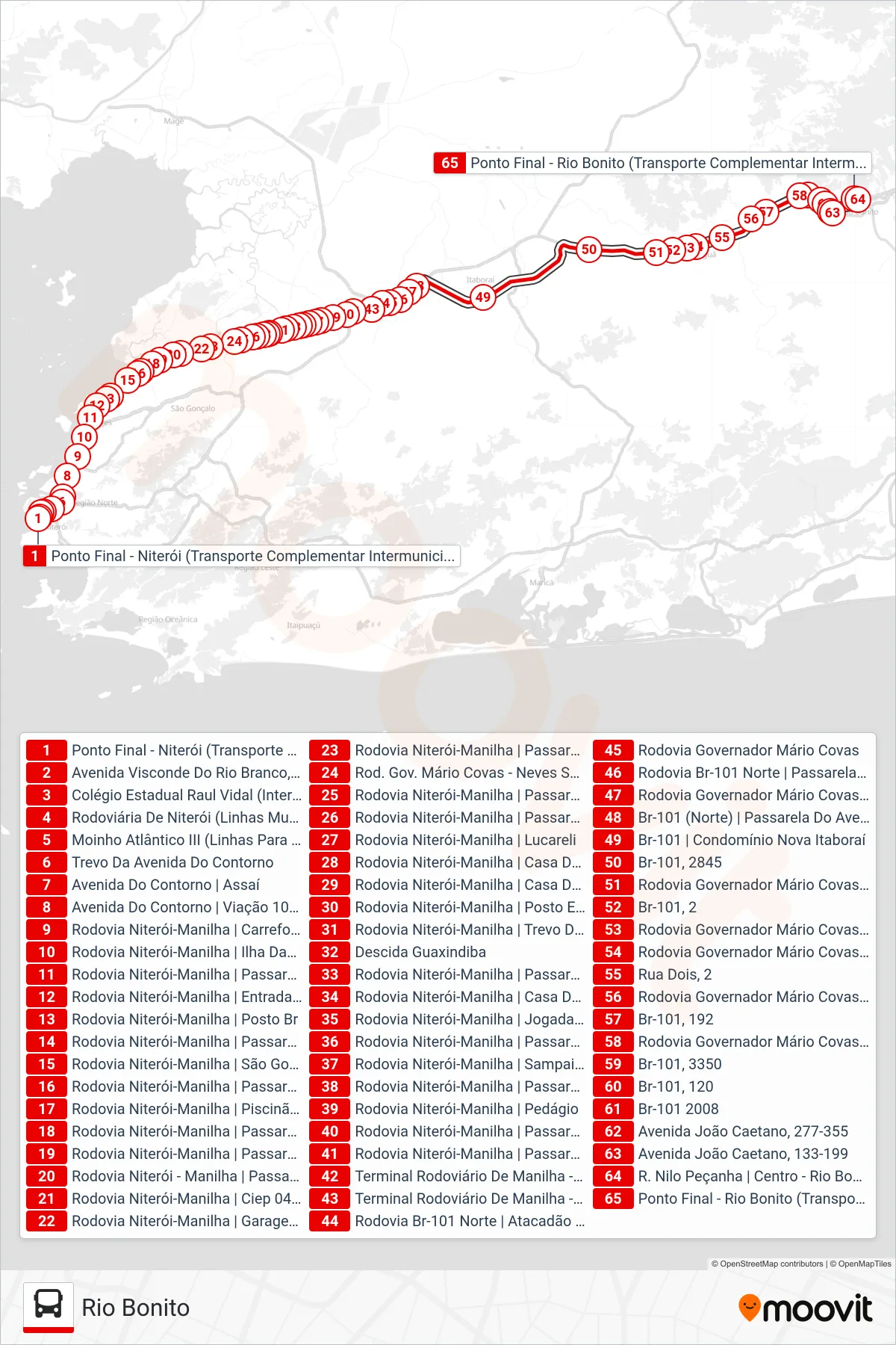 Rota e paradas da linha de ônibus VAN M552 (Rio Bonito) no mapa