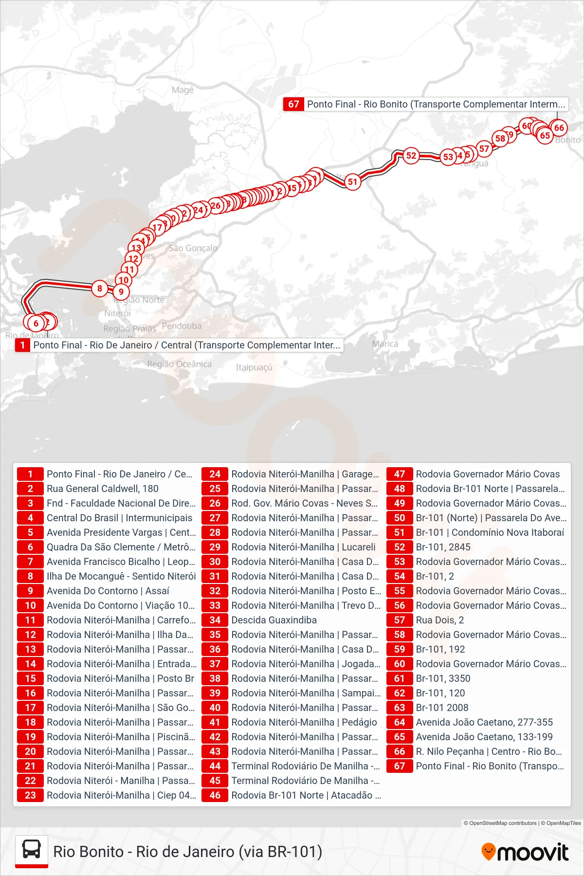 Rota e paradas da linha de ônibus VAN M559 (Rio Bonito) no mapa