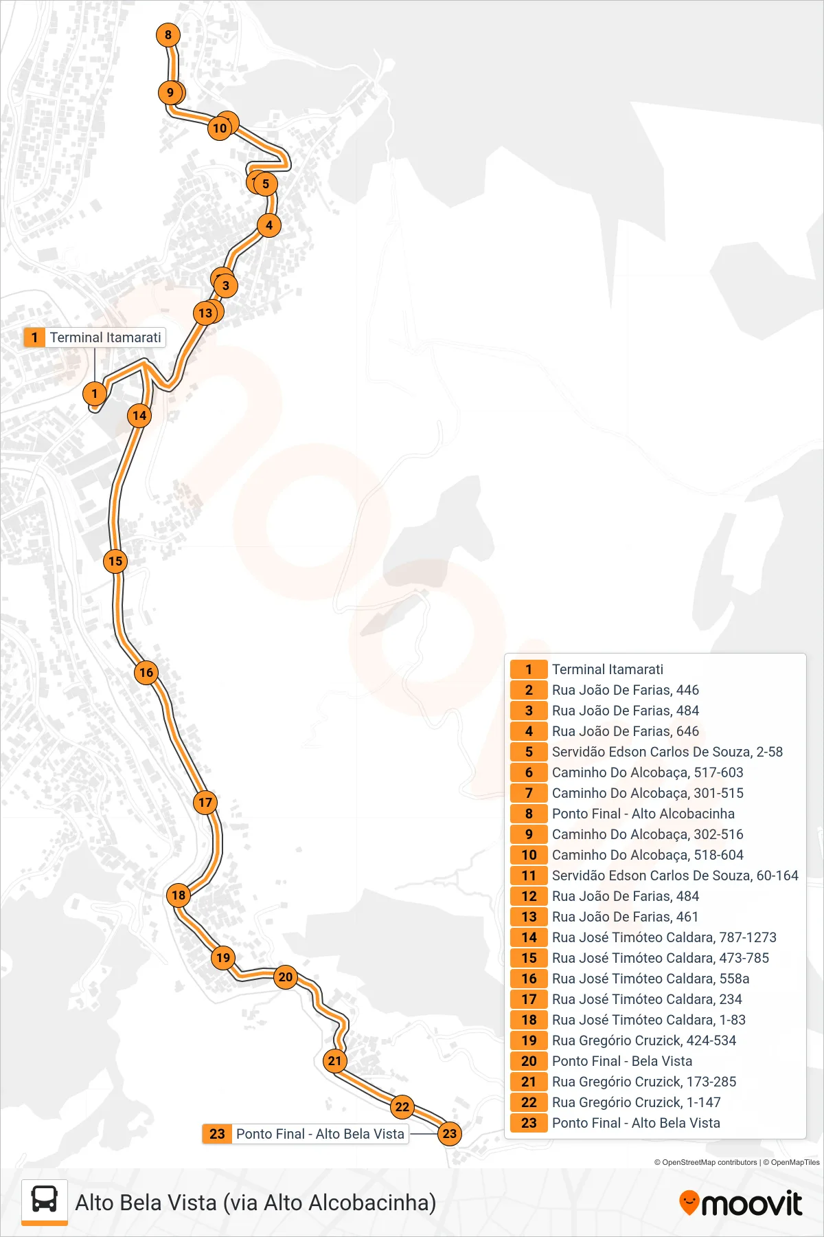Rota e paradas da linha de ônibus 325 (Alto Bela Vista (via Alto Alcobacinha)) no mapa