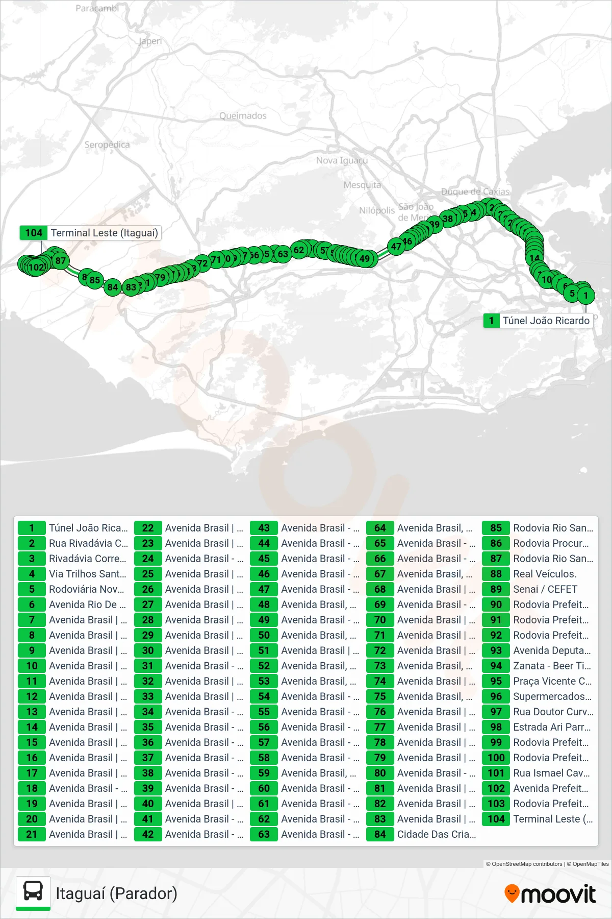 Rota e paradas da linha de ônibus 112B (Itaguaí (Parador)) no mapa