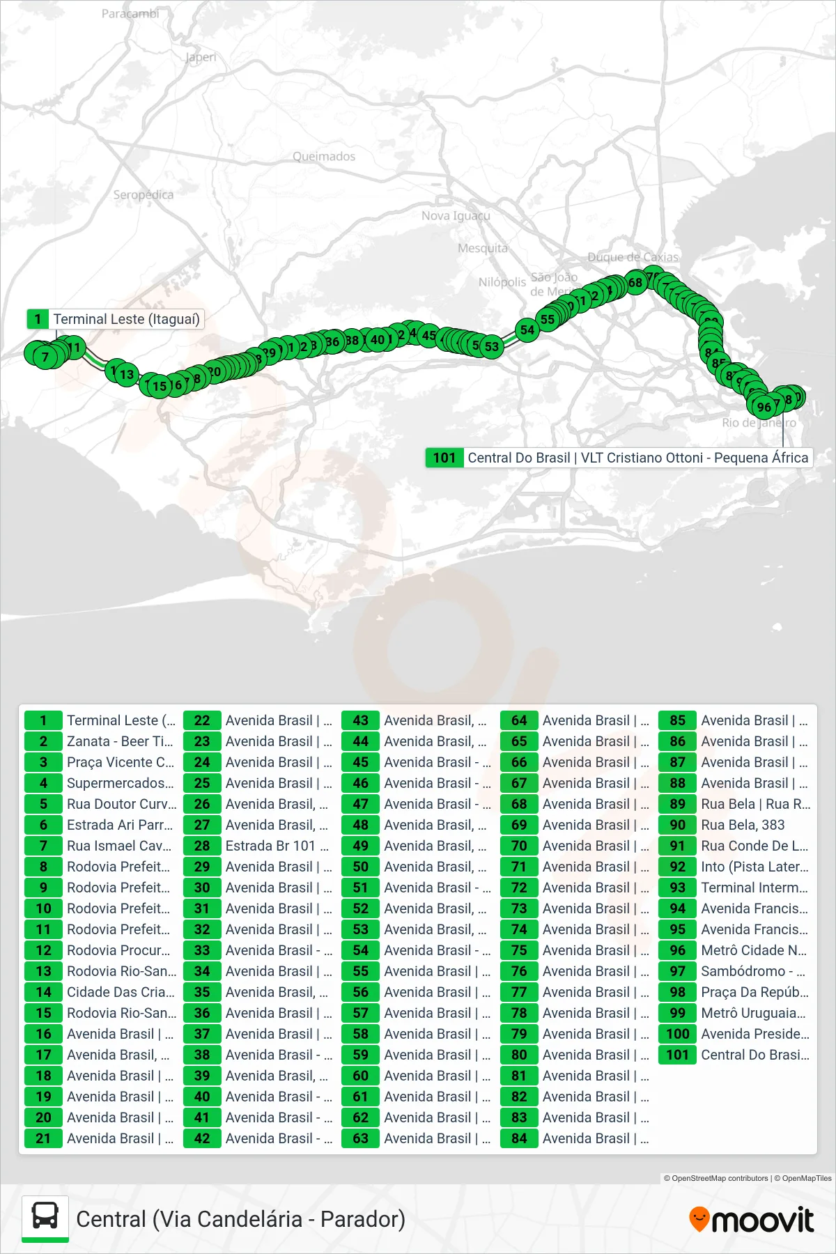 112B bus Line (Central (Via Candelária - Parador)) route and stops on a map