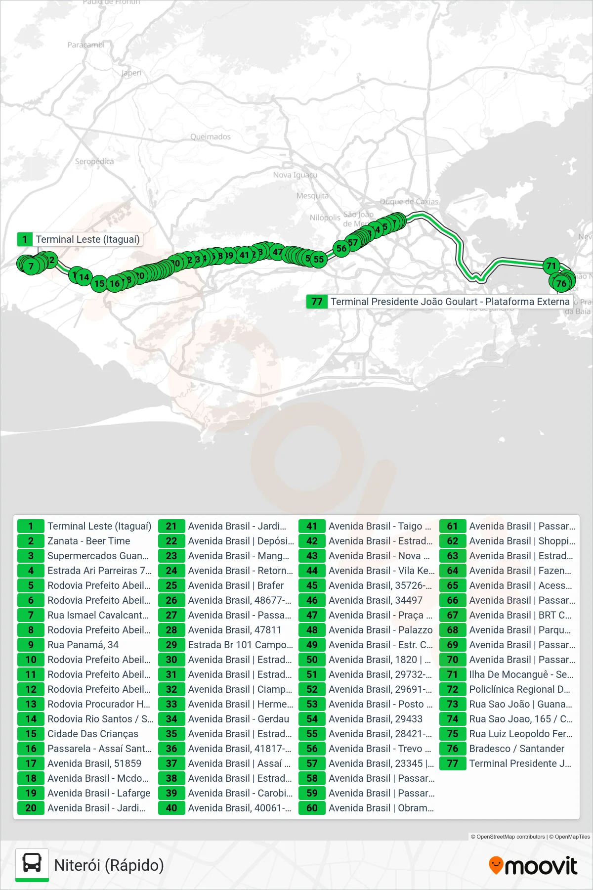 Rota e paradas da linha de ônibus 113D (Niterói (Rápido)) no mapa