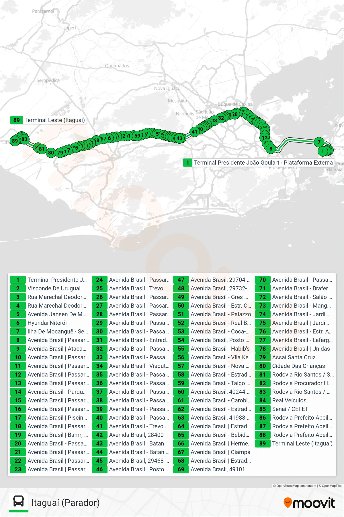 Rota e paradas da linha de ônibus 113D (Itaguaí (Parador)) no mapa