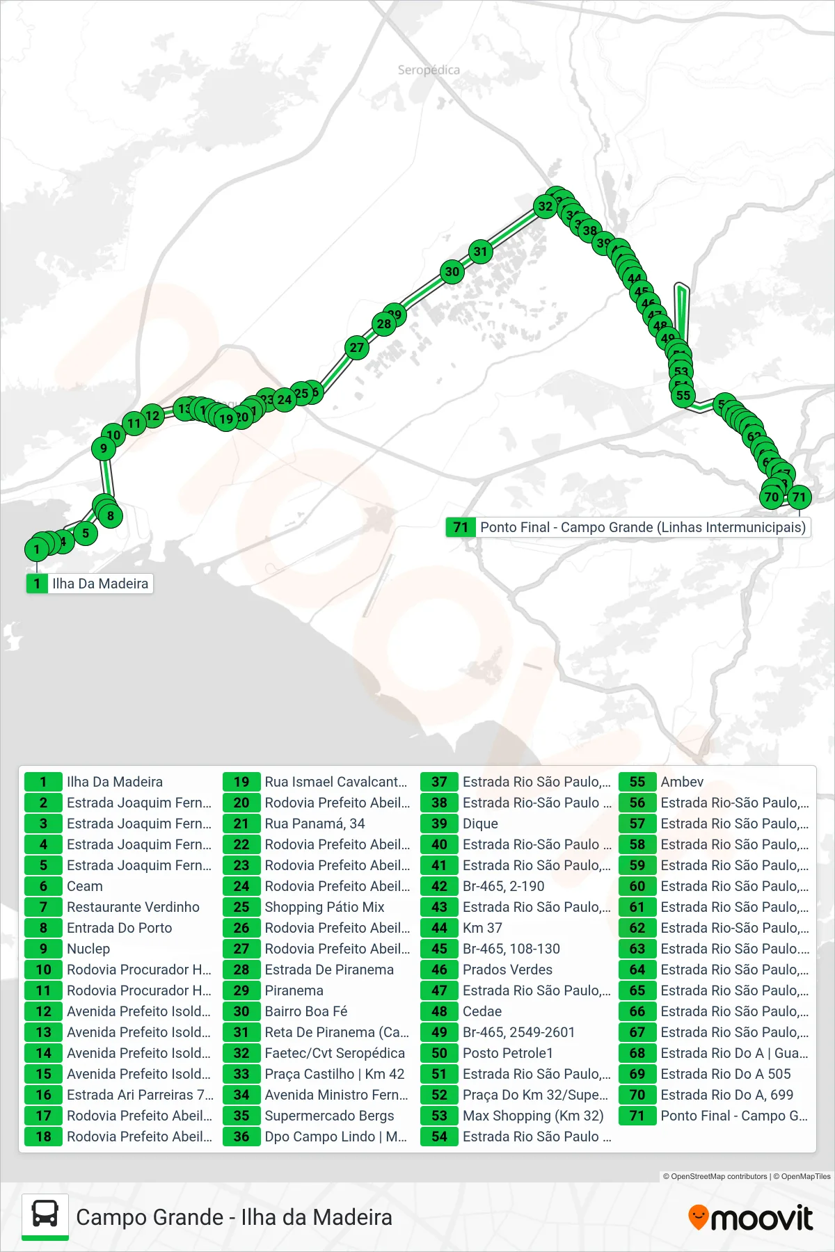 Rota e paradas da linha de ônibus 738P (Campo Grande) no mapa