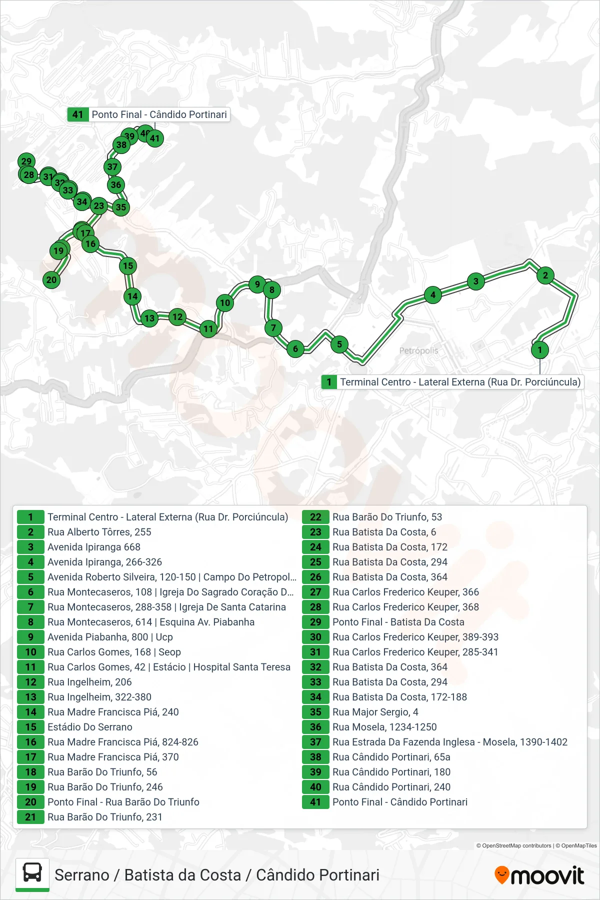 Rota e paradas da linha de ônibus 142 (Cândido Portinari / Serrano / Batista Da Costa) no mapa