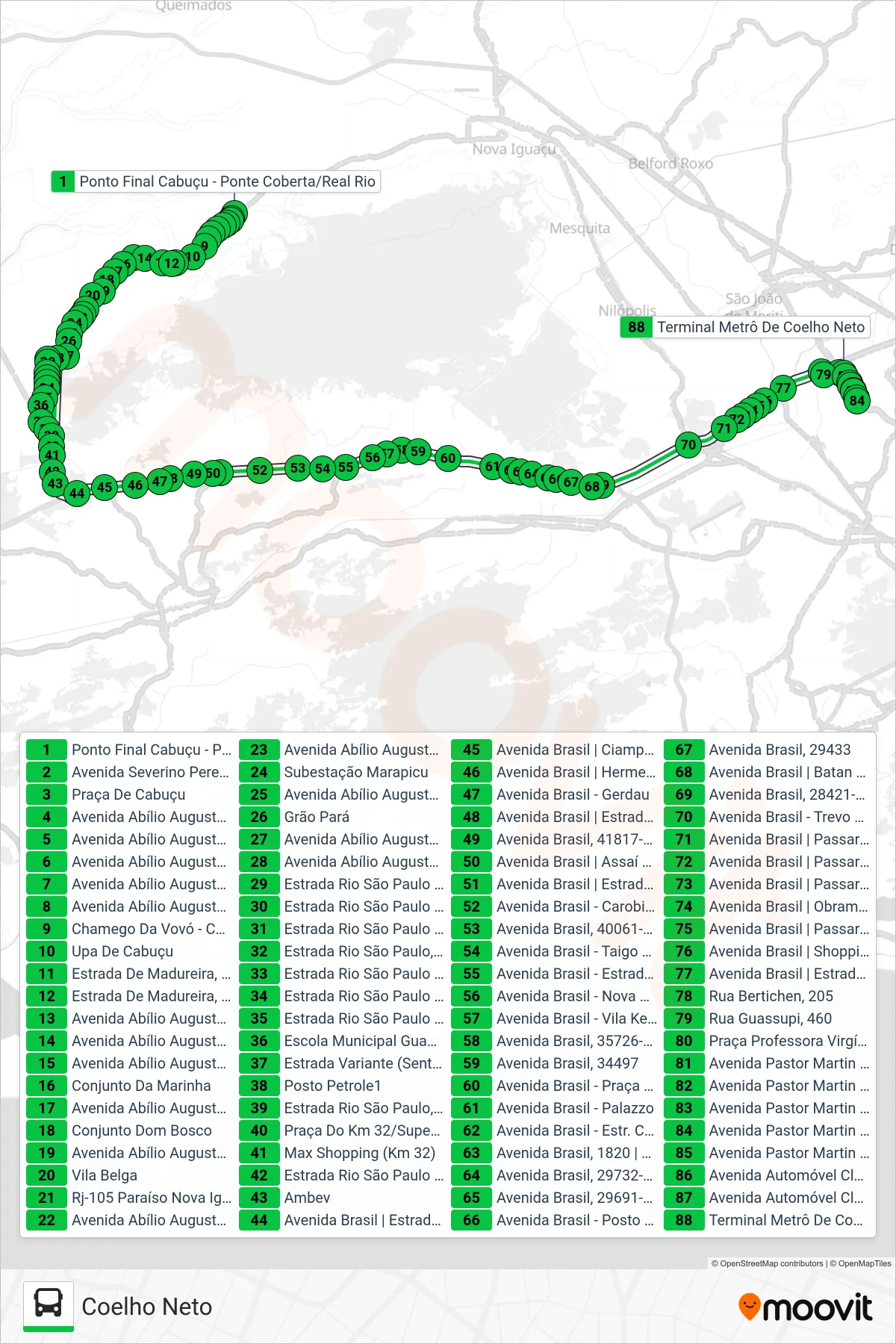 Rota e paradas da linha de ônibus 713B (Coelho Neto) no mapa