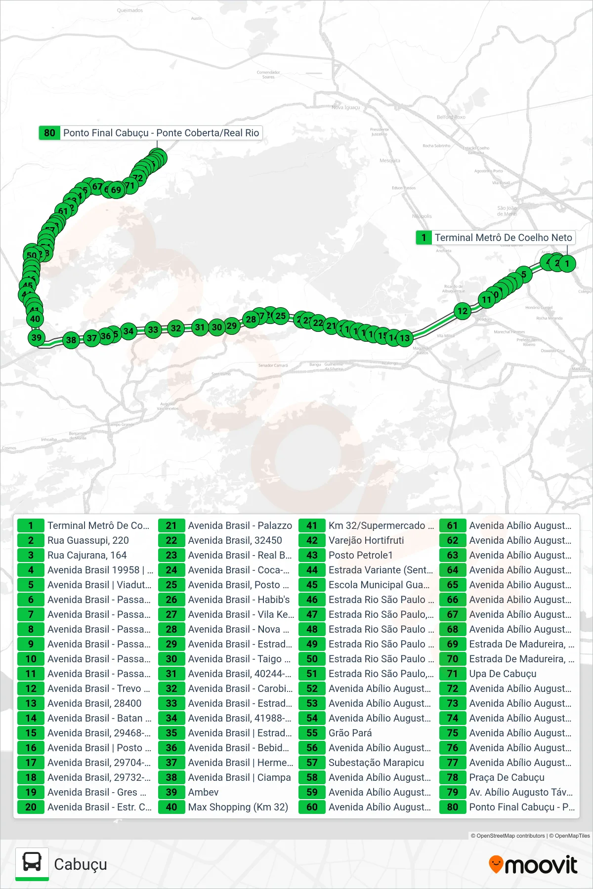 Rota e paradas da linha de ônibus 713B (Cabuçu) no mapa