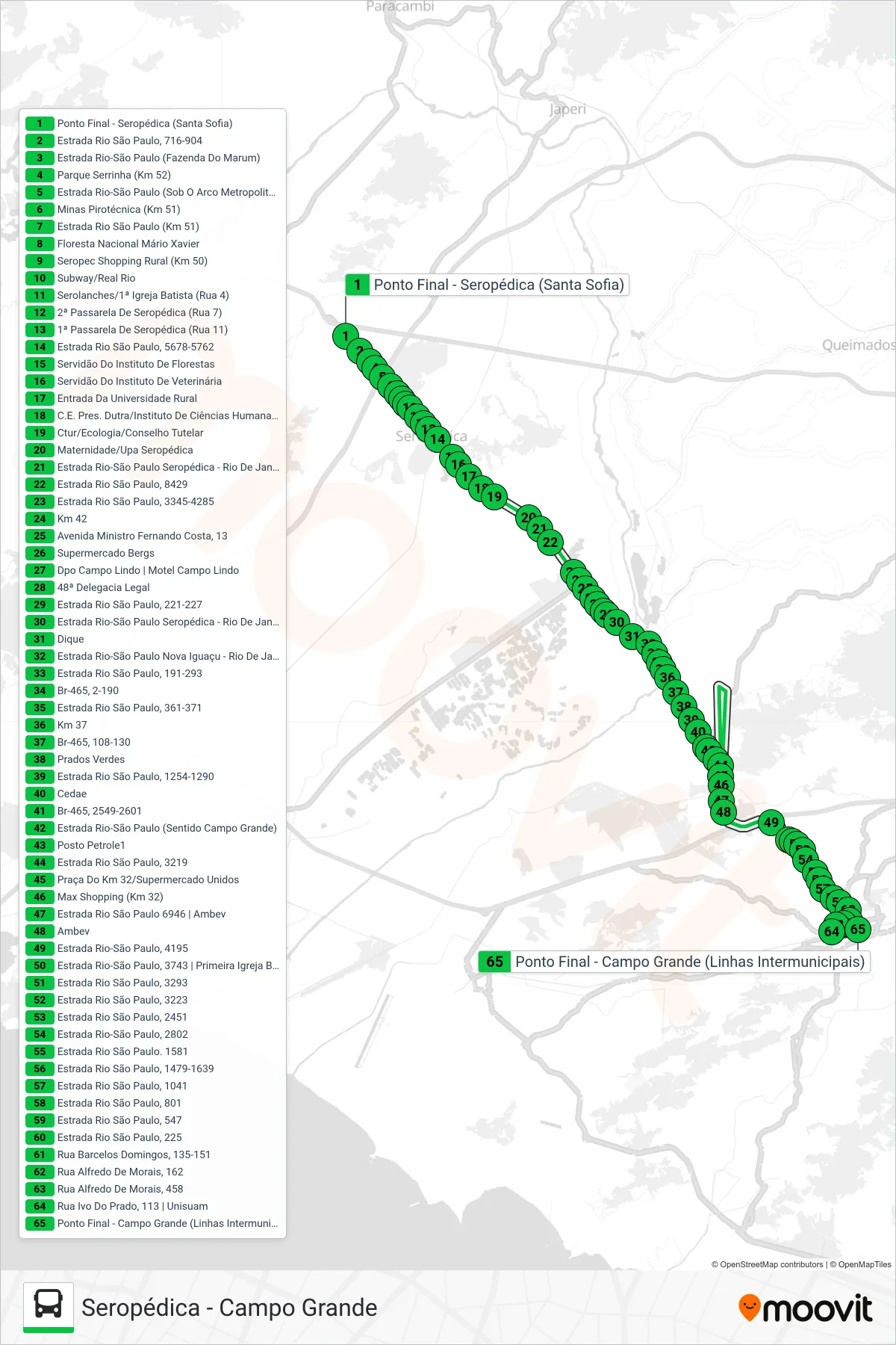 Rota e paradas da linha de ônibus 739P (Campo Grande) no mapa