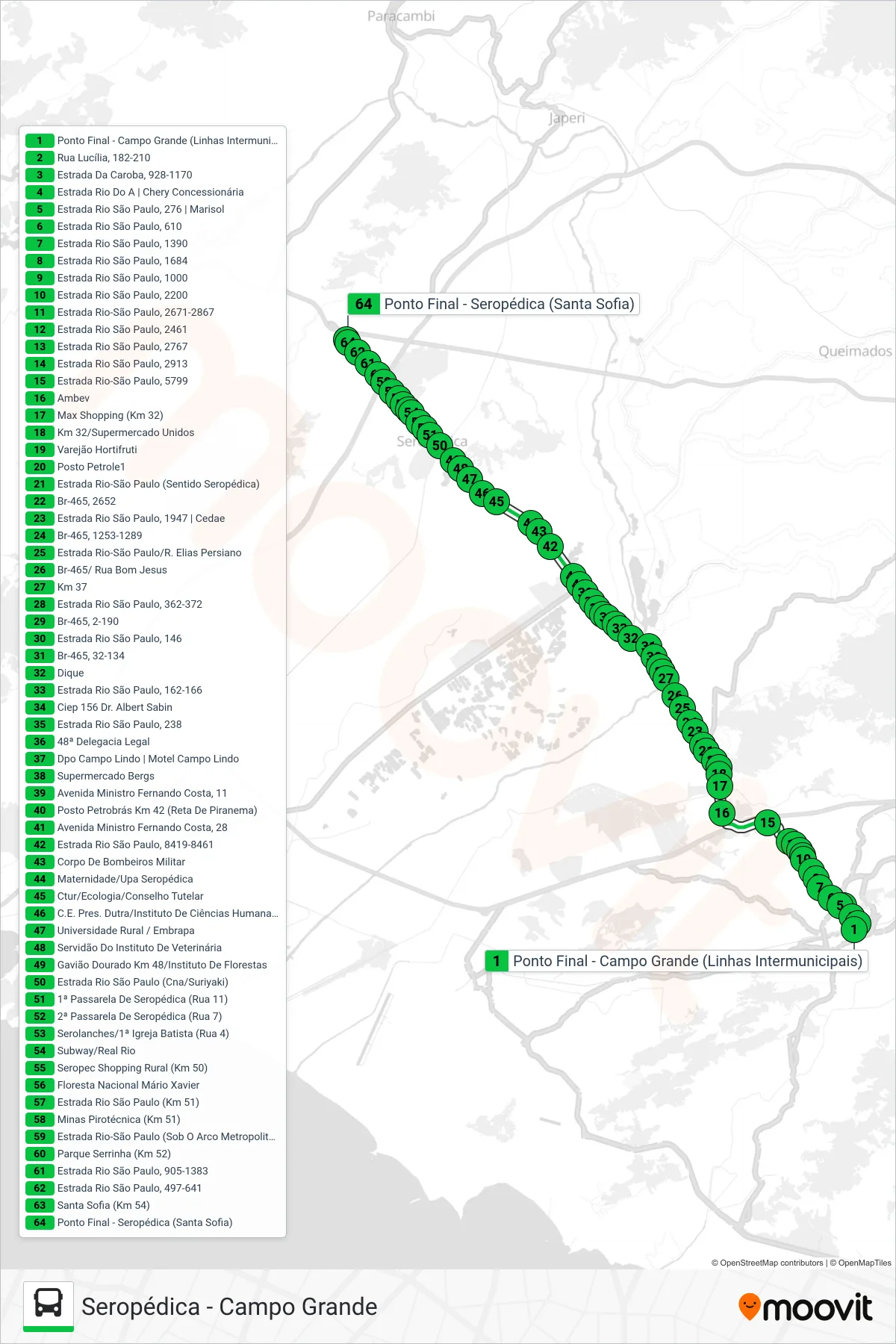 Rota e paradas da linha de ônibus 739P (Seropédica (Santa Sofia)) no mapa