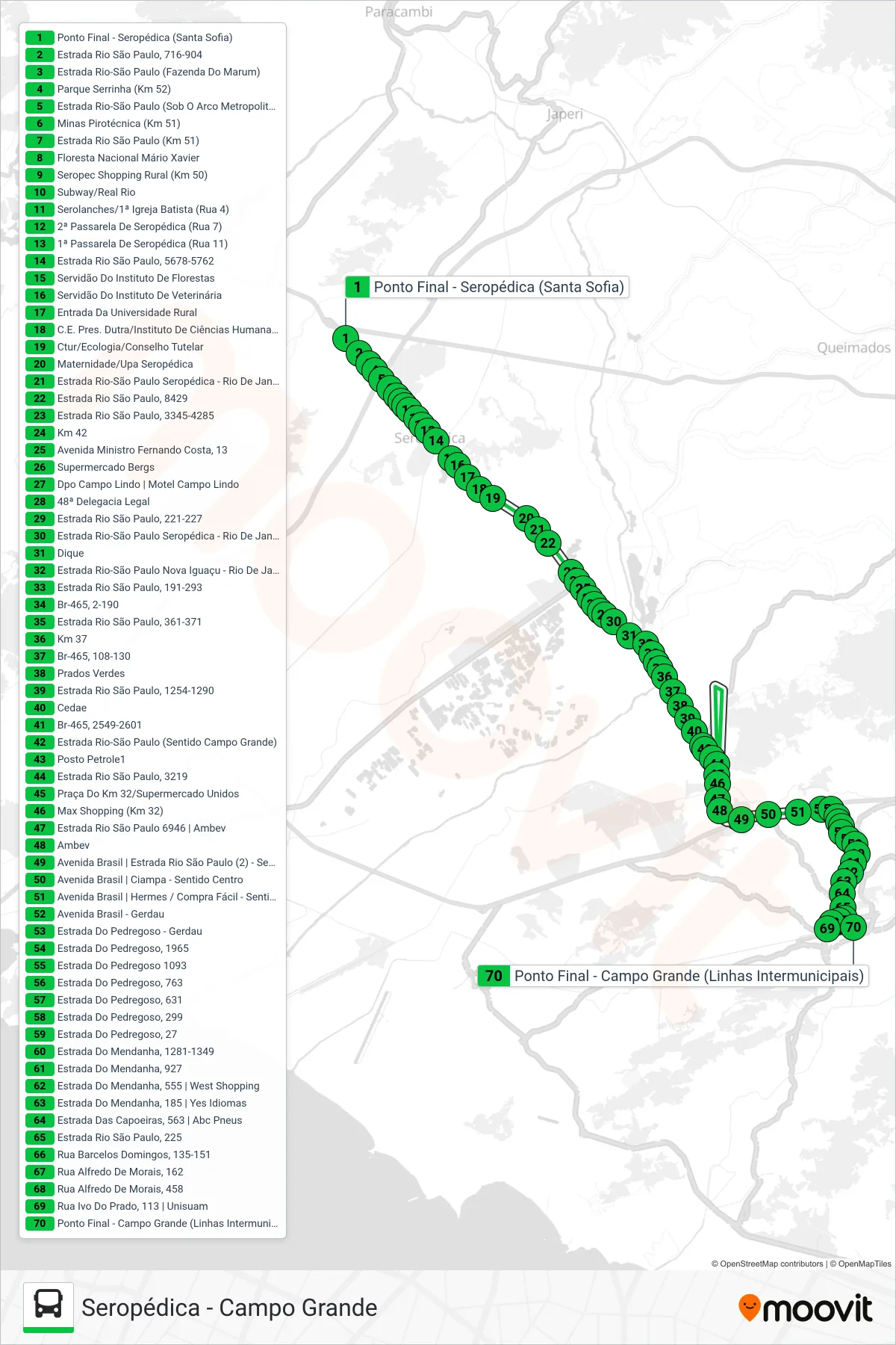 Rota e paradas da linha de ônibus 739P (Campo Grande (Via West Shopping)) no mapa