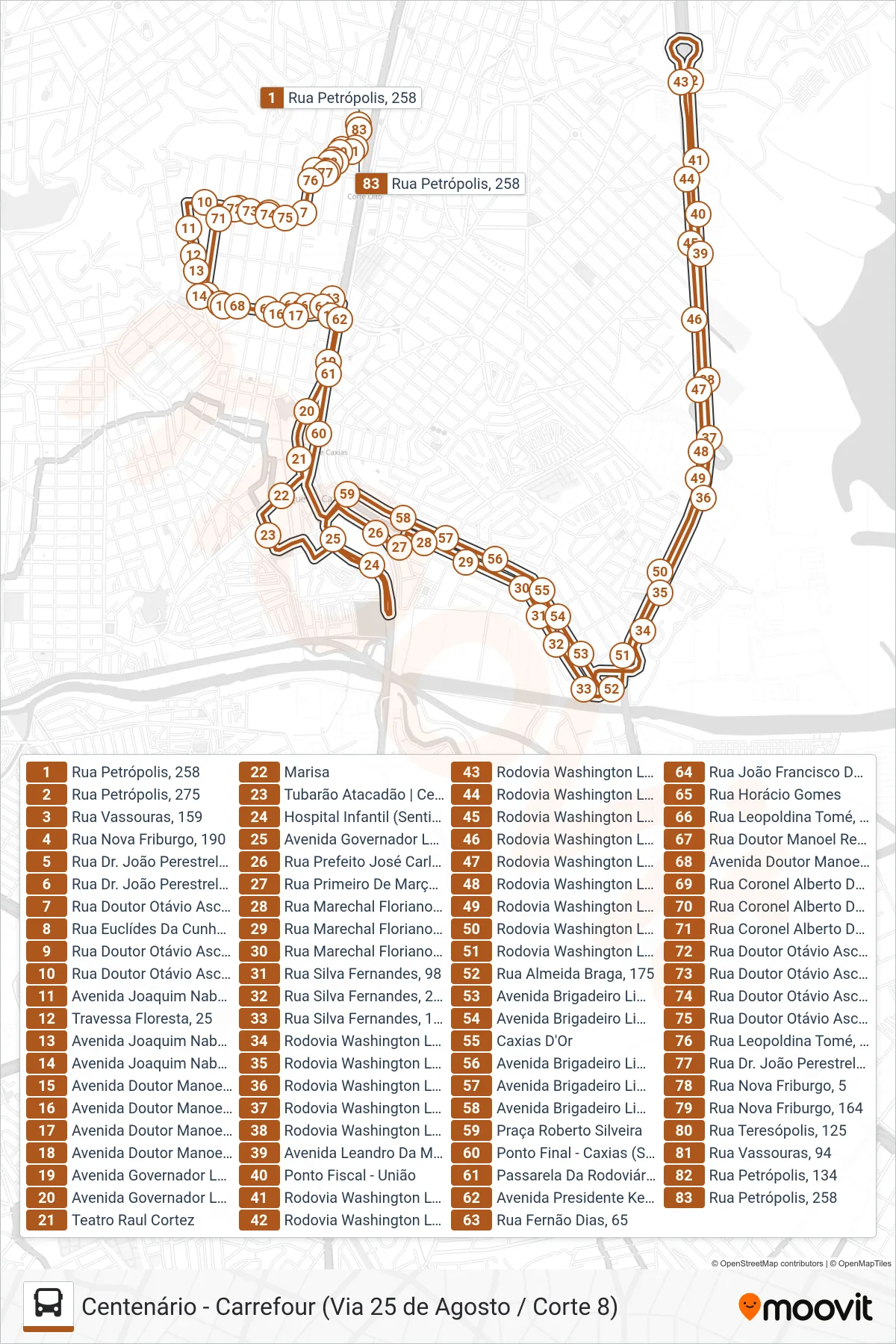 Rota e paradas da linha de ônibus 022 (Centenário ↔ Carrefour (Circular)) no mapa