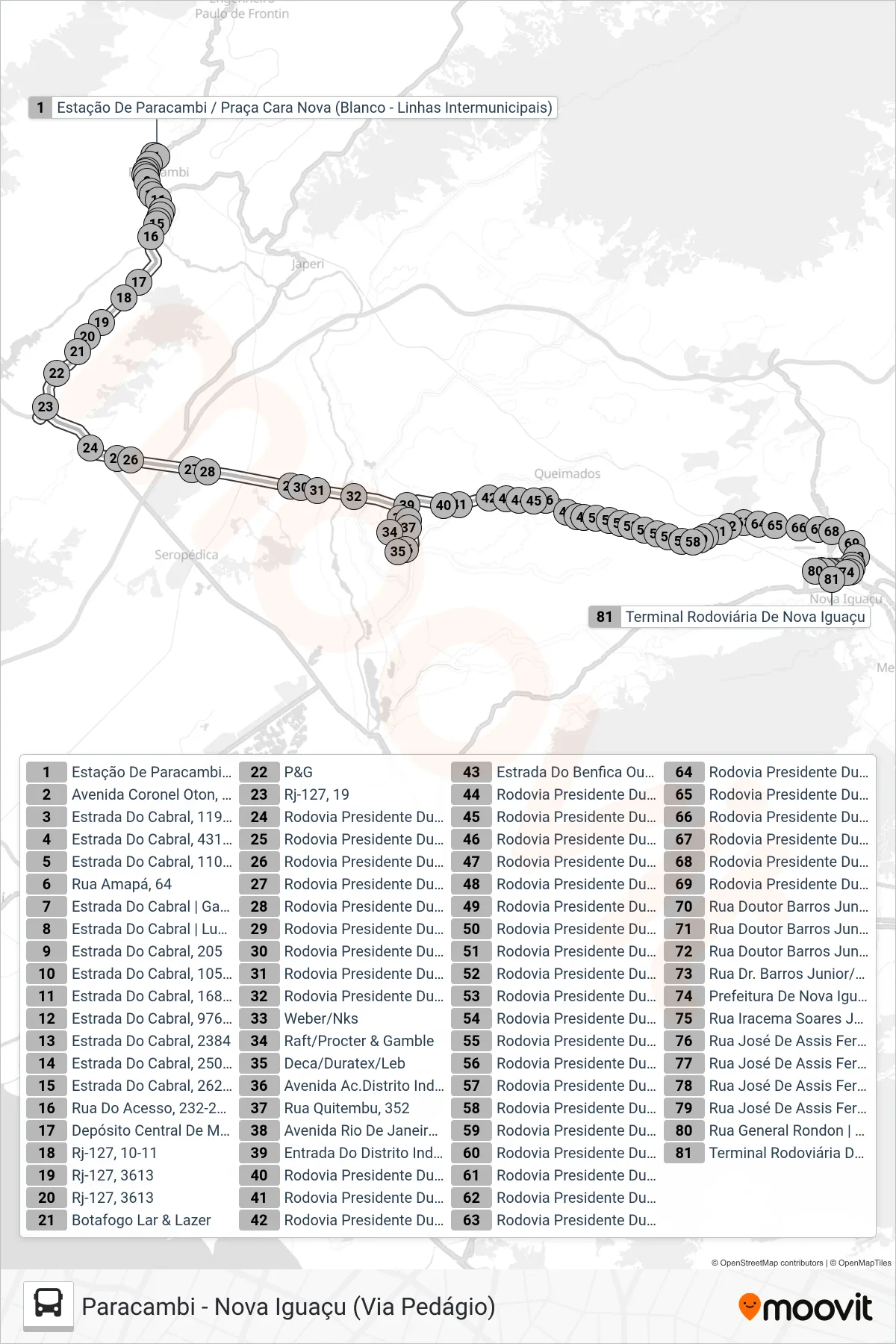 Rota e paradas da linha de ônibus 105P (Nova Iguaçu) no mapa