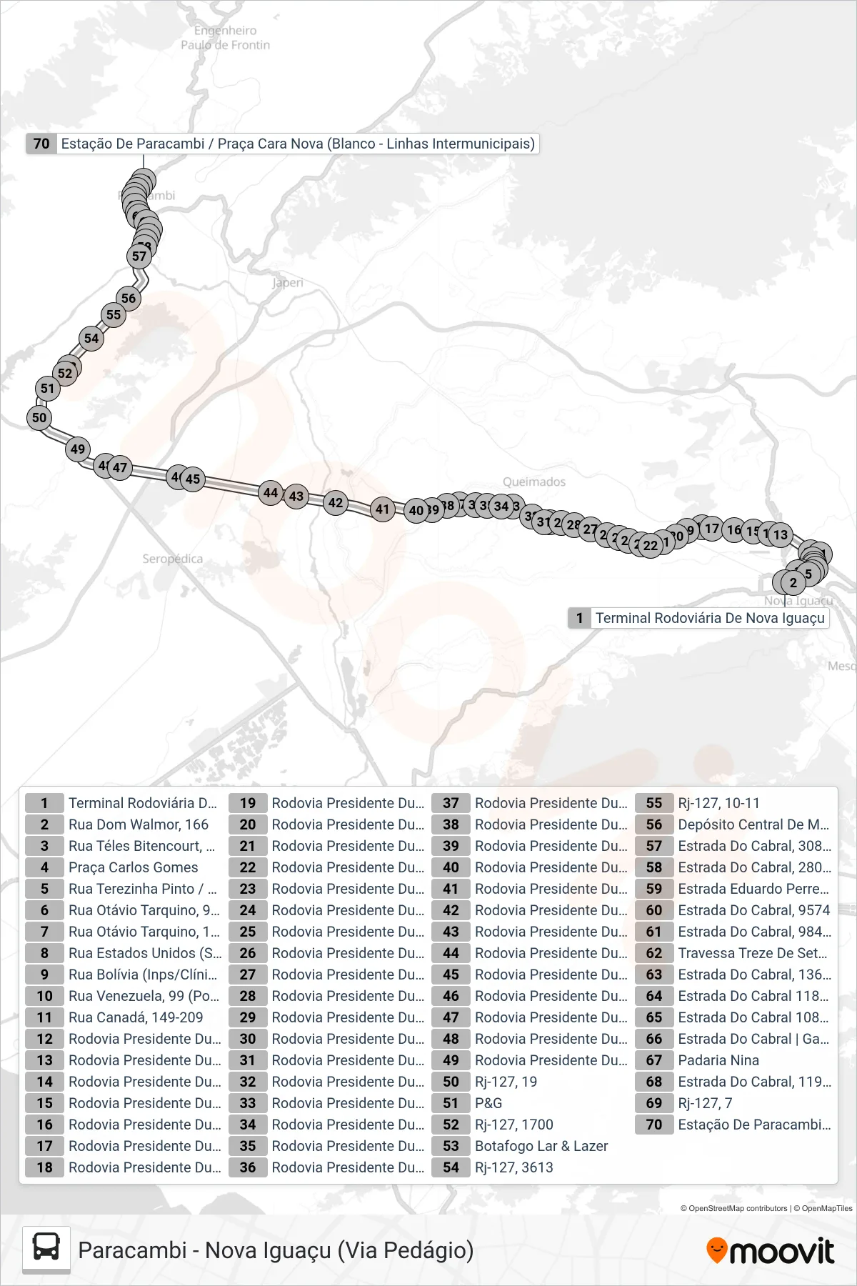 Rota e paradas da linha de ônibus 105P (Paracambi) no mapa