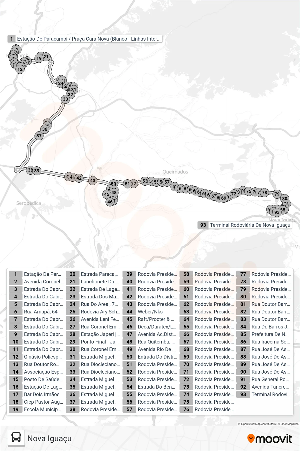 Rota e paradas da linha de ônibus  106P  (Nova Iguaçu) no mapa