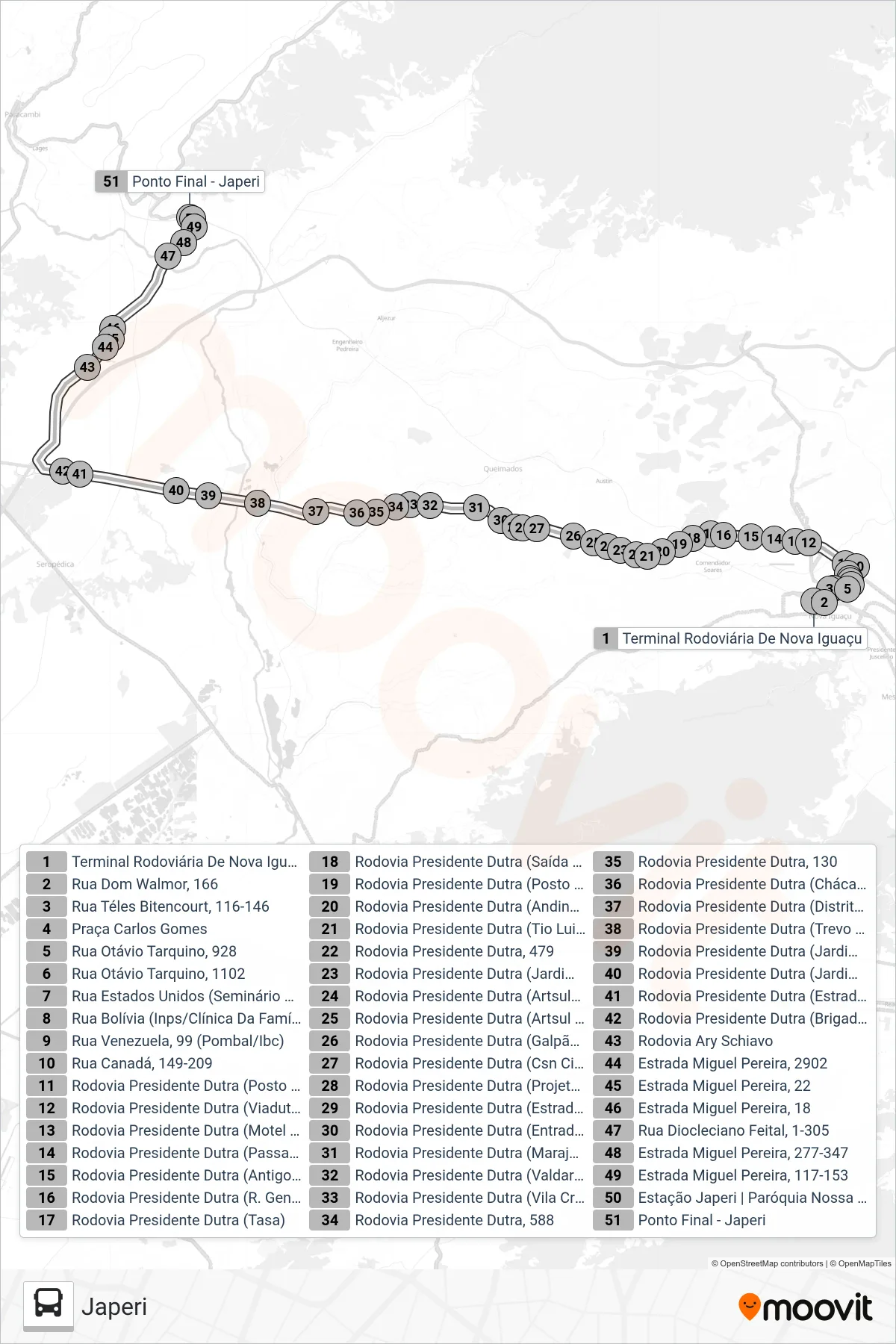 Rota e paradas da linha de ônibus 106P (Japeri) no mapa