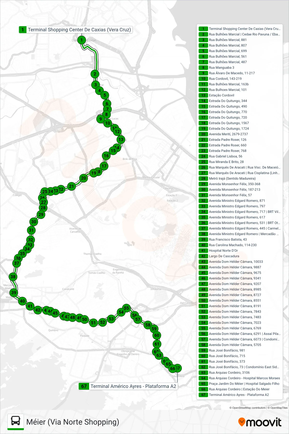 Rota e paradas da linha de ônibus 560L (Méier (Via Norte Shopping)) no mapa