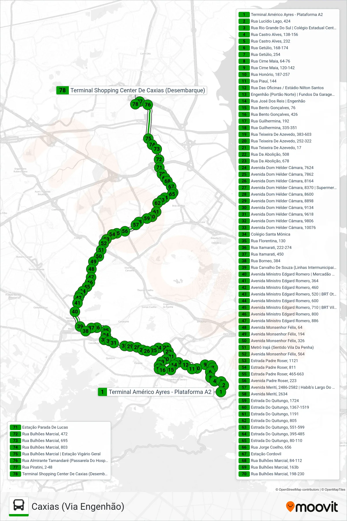 Rota e paradas da linha de ônibus 560L (Caxias (Via Engenhão)) no mapa