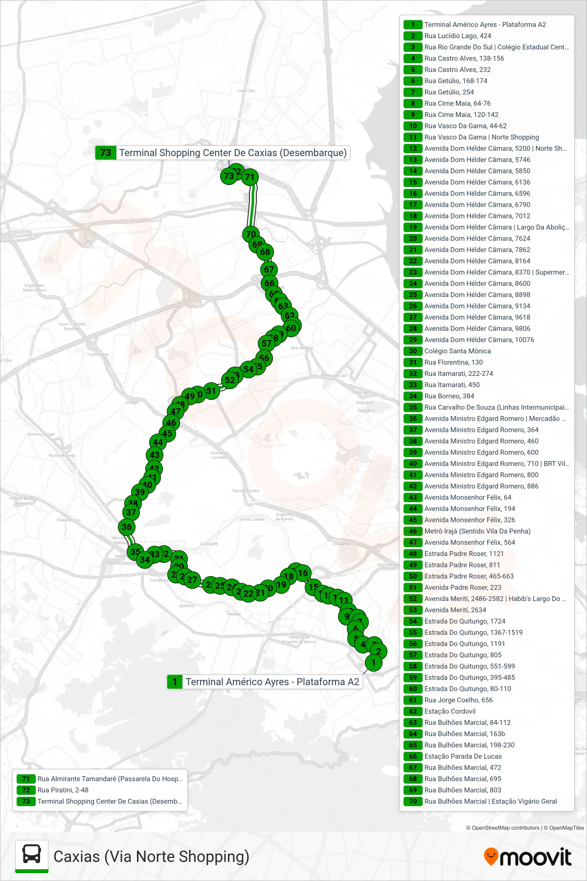 Rota e paradas da linha de ônibus  560L  (Caxias (Via Norte Shopping)) no mapa