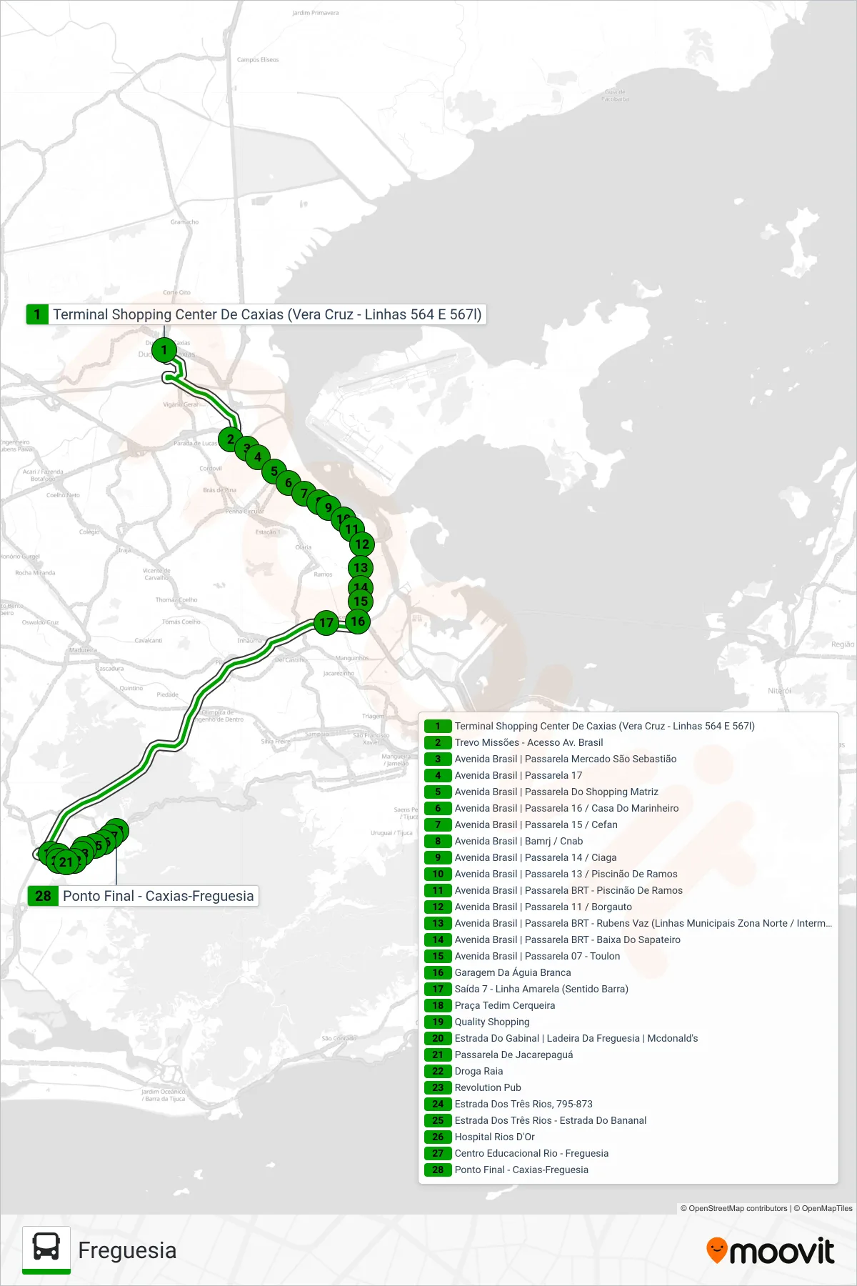Rota e paradas da linha de ônibus 567L (Freguesia) no mapa