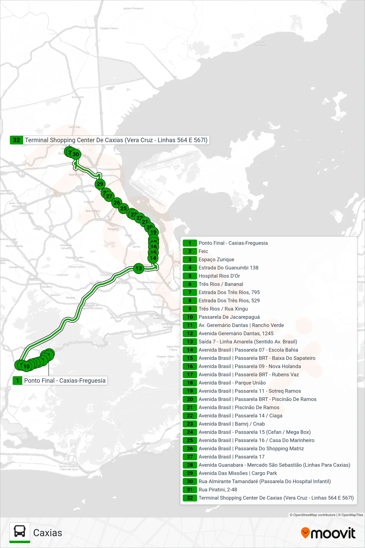 Rota e paradas da linha de ônibus 567L (Caxias) no mapa