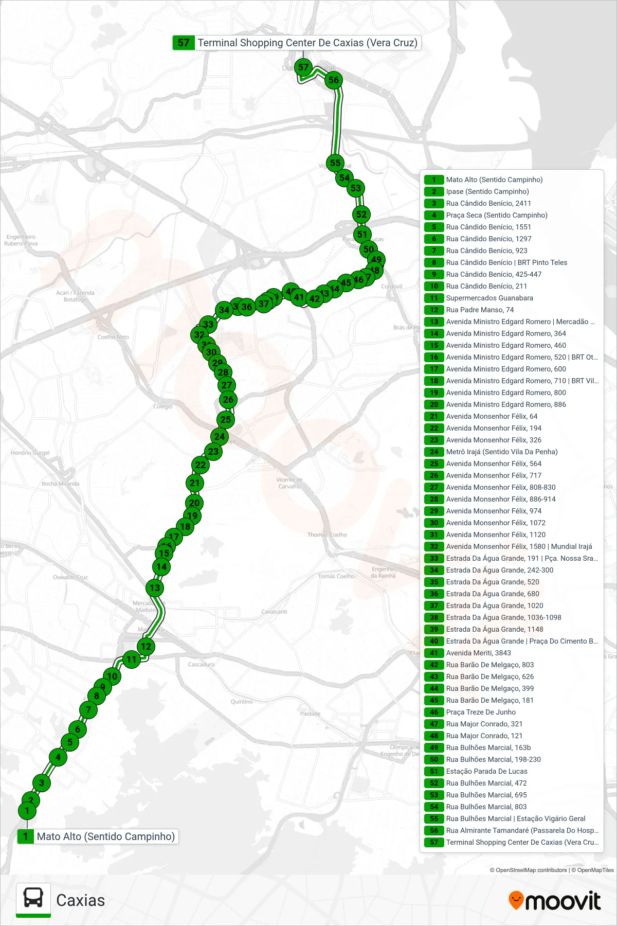 Rota e paradas da linha de ônibus  568L  (Caxias) no mapa
