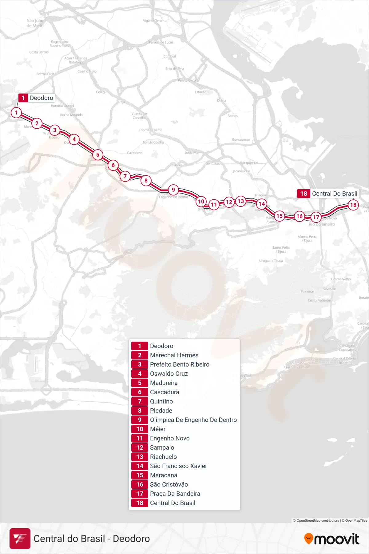 Rota e paradas da linha de trem RAMAL DEODORO (Central do Brasil) no mapa