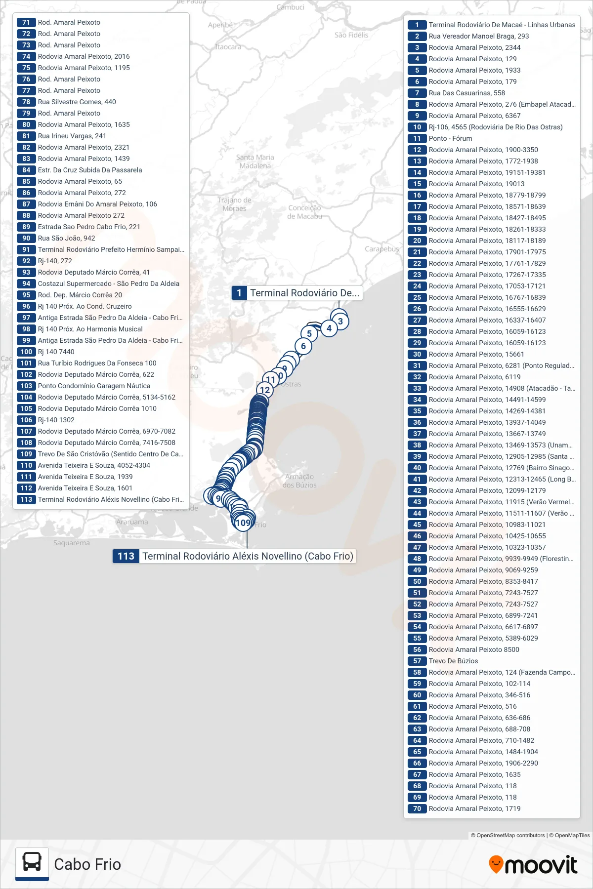 Rota e paradas da linha de ônibus EXECUTIVO (Cabo Frio) no mapa