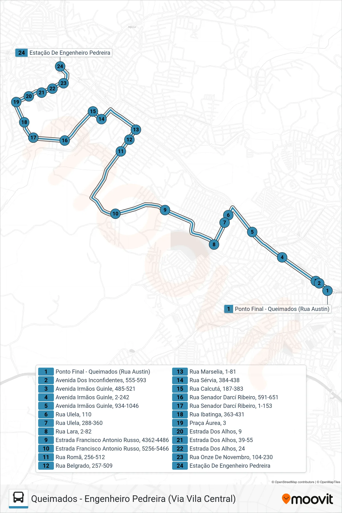Rota e paradas da linha de ônibus 640I (Engenheiro Pedreira (Via Belmonte)) no mapa