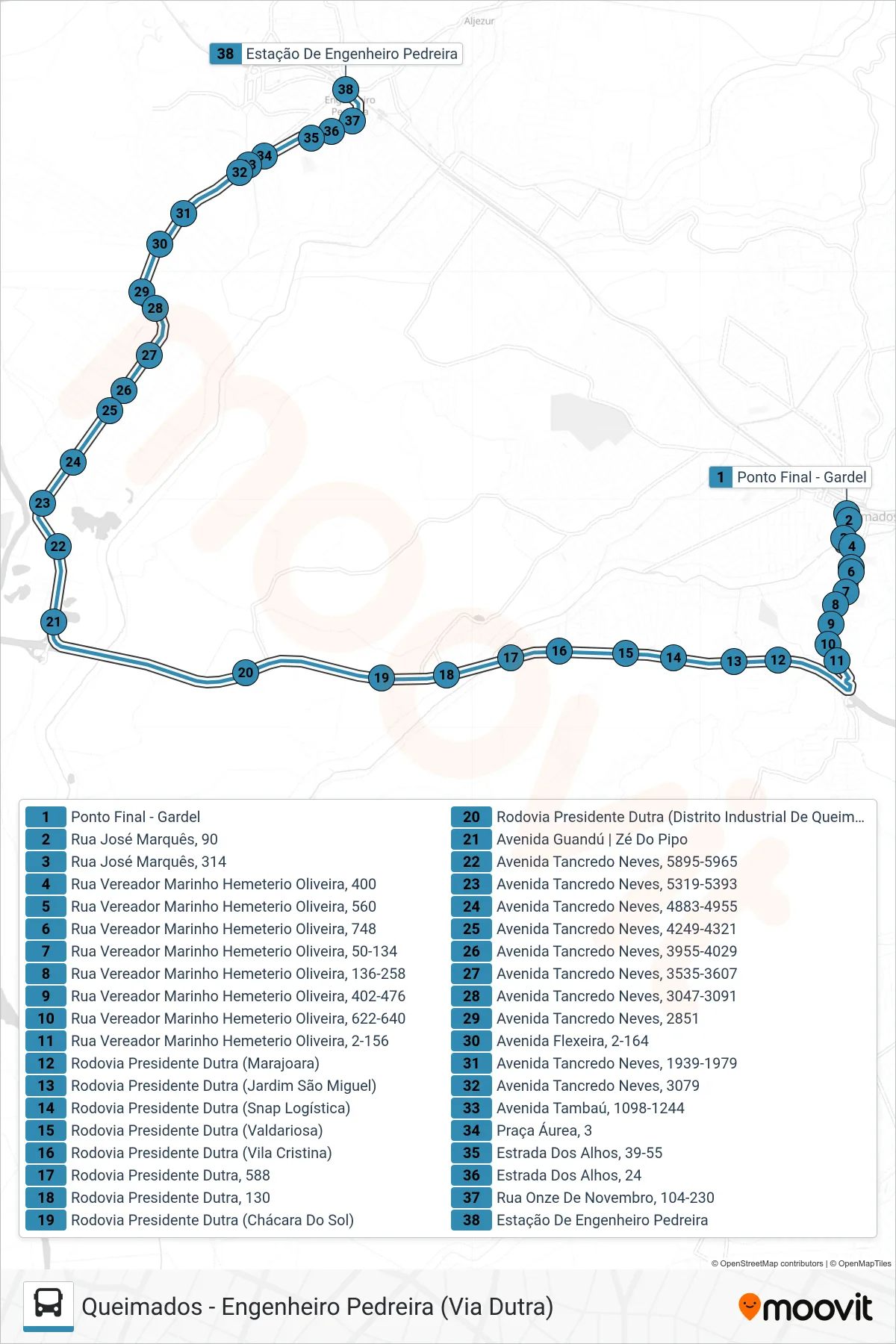 Rota e paradas da linha de ônibus 645I (Engenheiro Pedreira (Via Dutra)) no mapa