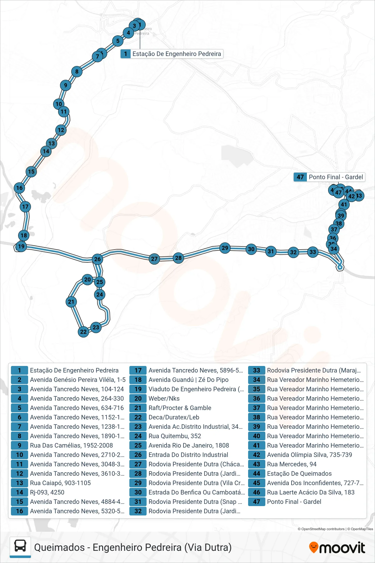 645I bus Line (Queimados (Via Dutra)) route and stops on a map