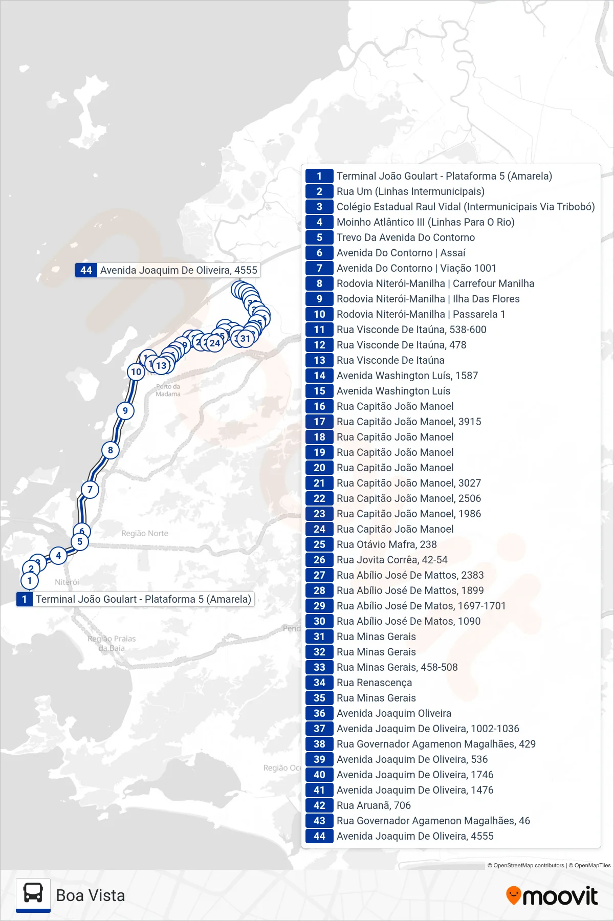 Rota e paradas da linha de ônibus 443 (Boa Vista) no mapa