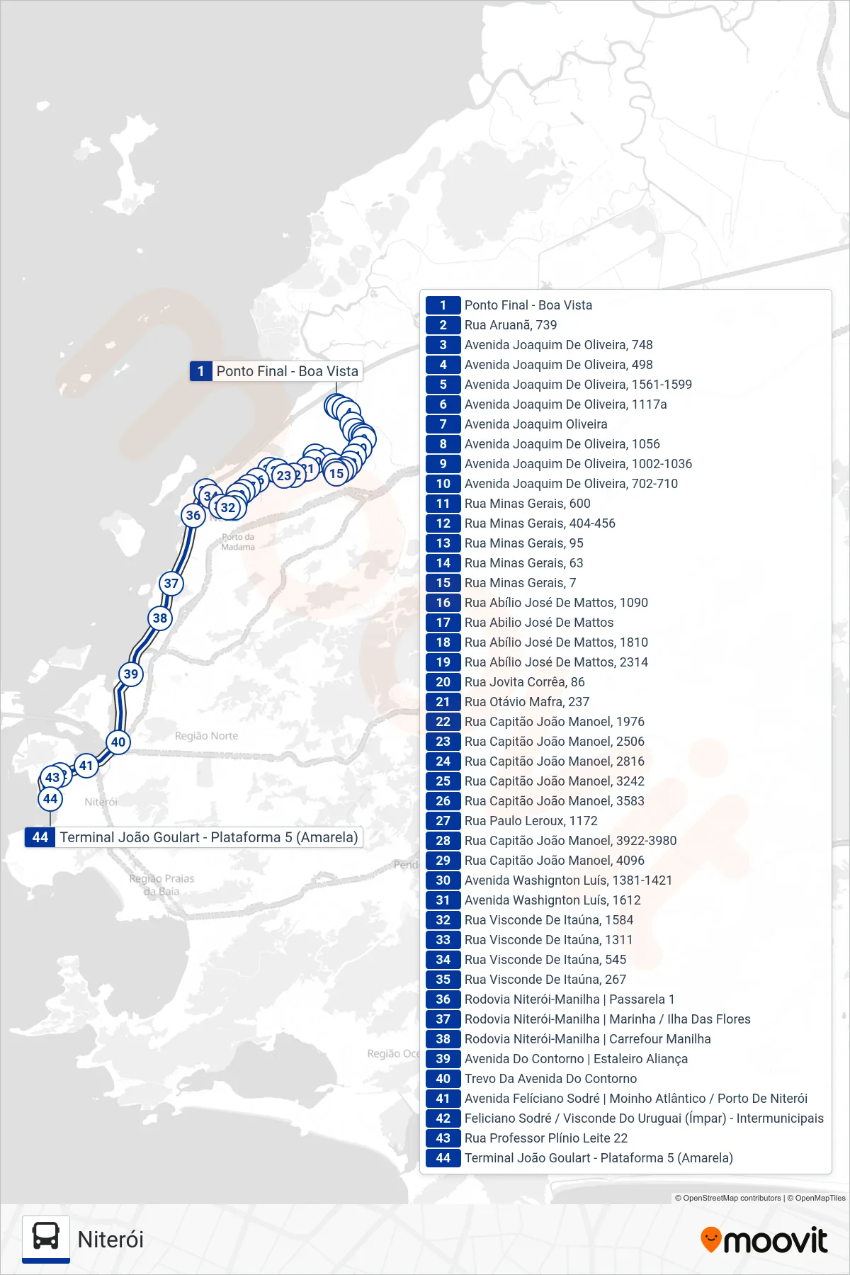 443 bus Line (Niterói) route and stops on a map