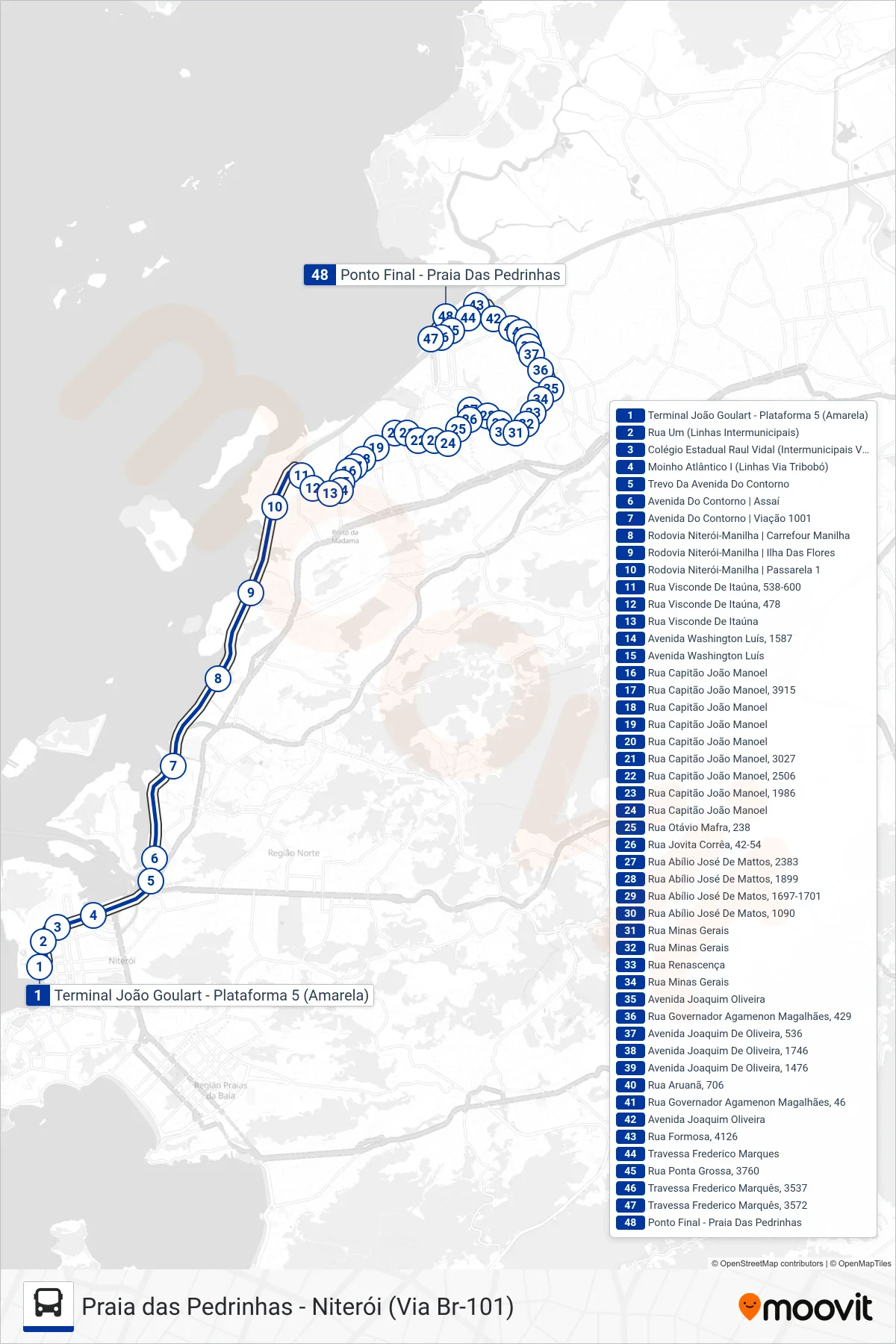 Rota e paradas da linha de ônibus 523 (Praia Das Pedrinhas) no mapa