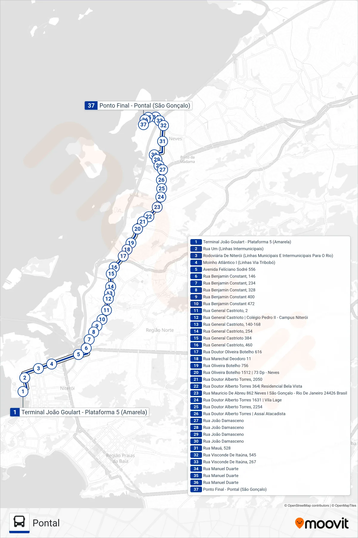 Rota e paradas da linha de ônibus 524 (Pontal) no mapa