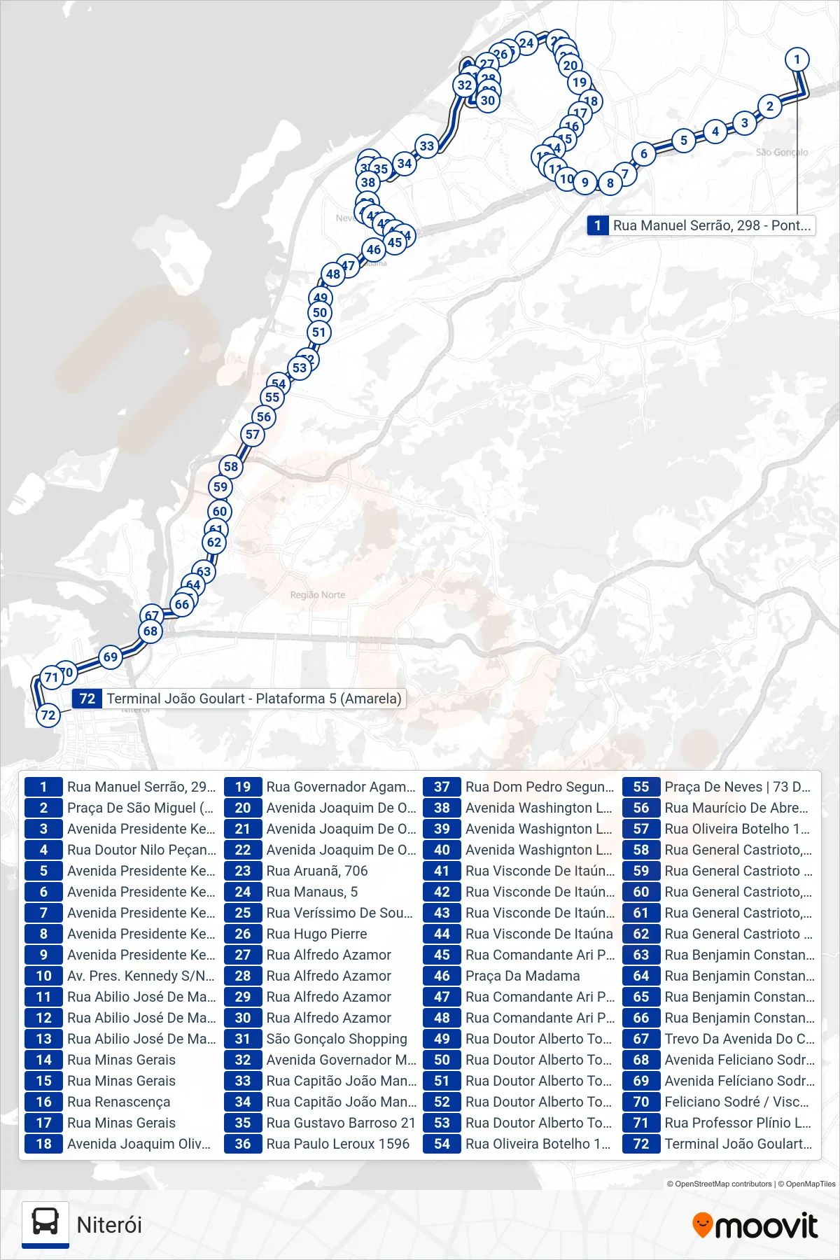 Rota e paradas da linha de ônibus 536 (Niterói) no mapa