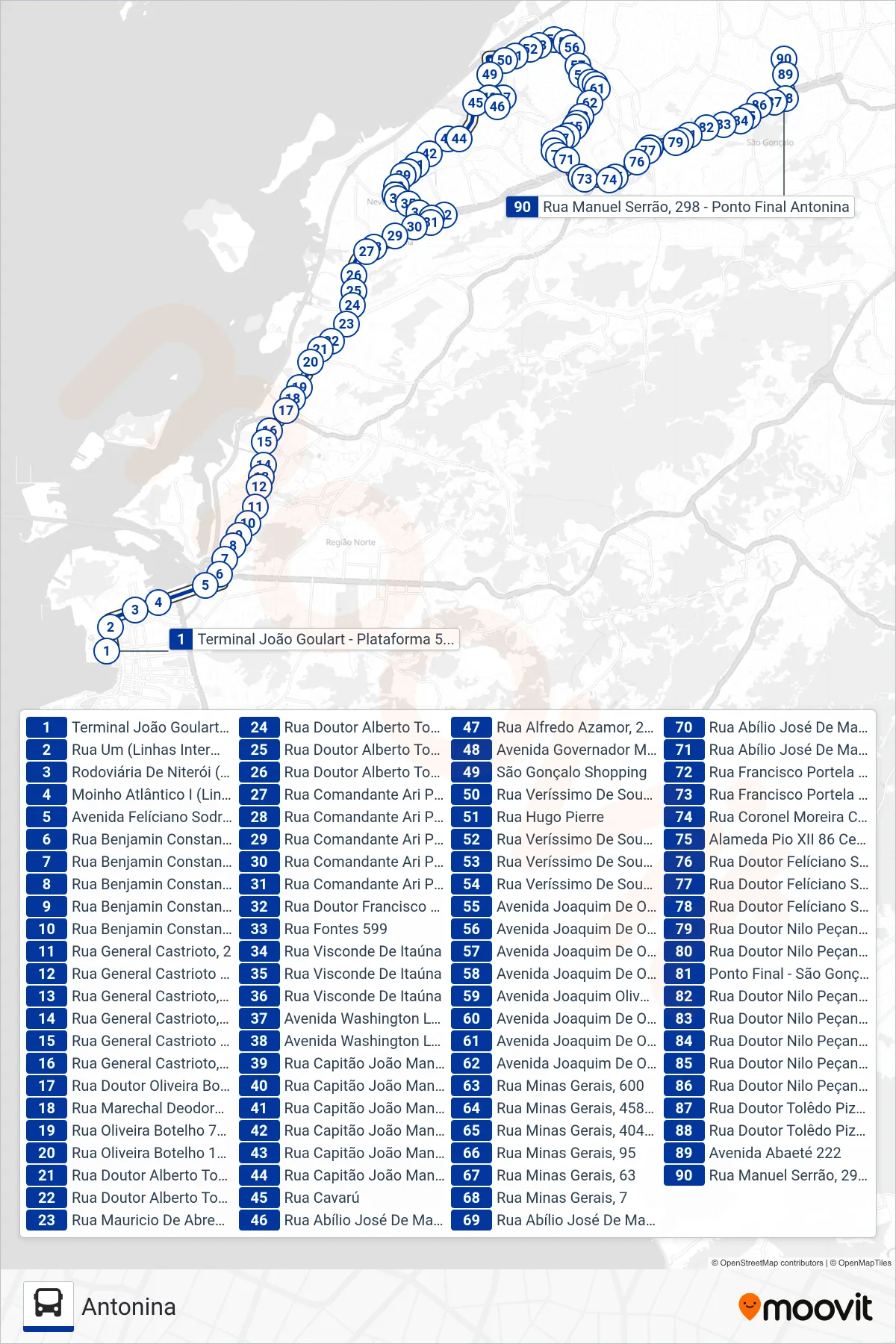 Rota e paradas da linha de ônibus 536 (Antonina) no mapa