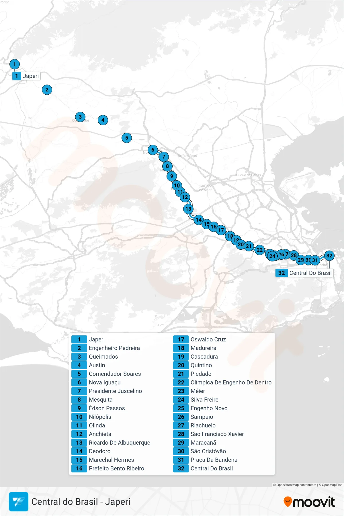 RAMAL JAPERI train Line (Central do Brasil) route and stops on a map