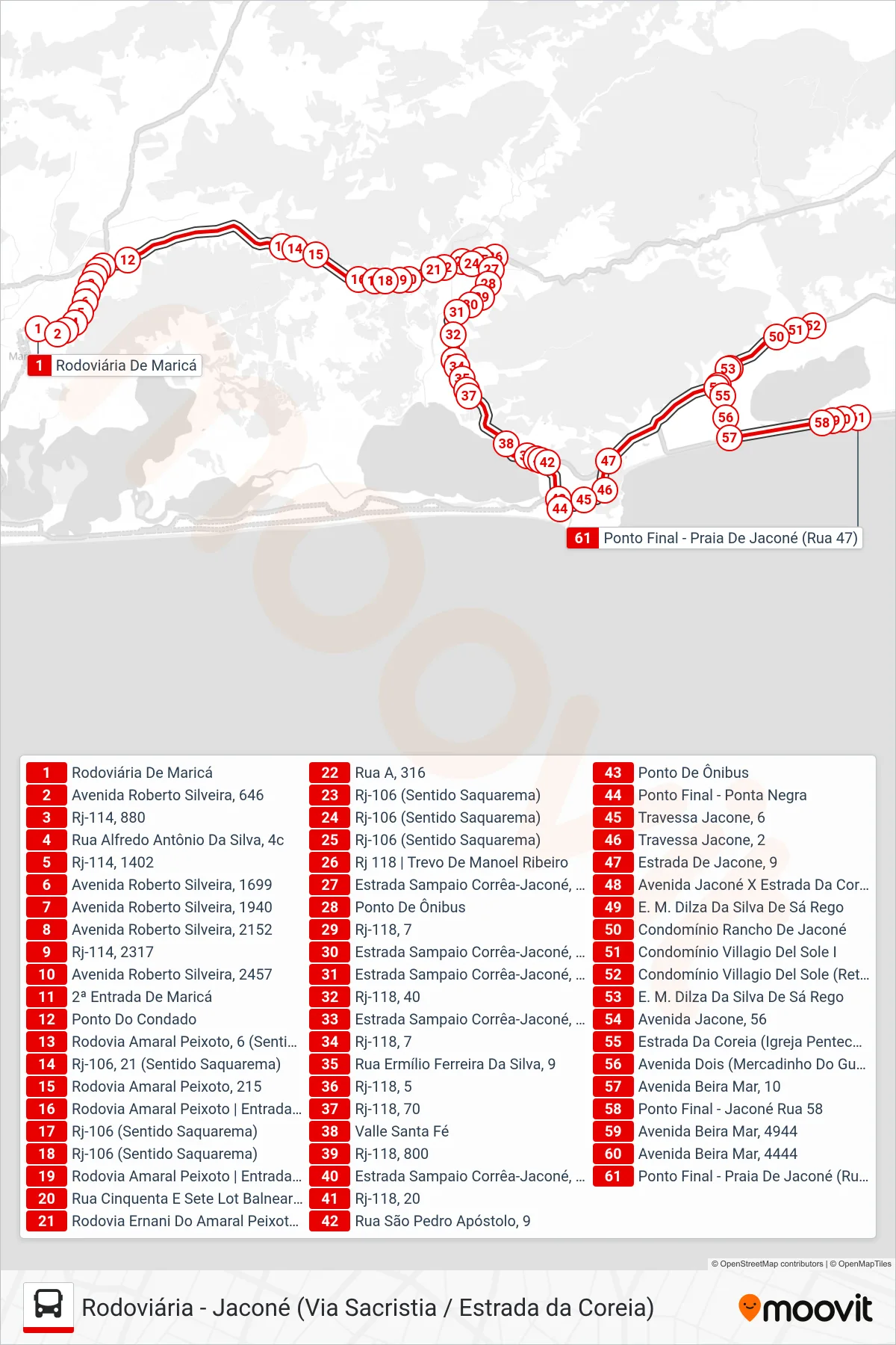 Rota e paradas da linha de ônibus E14A (Jaconé) no mapa
